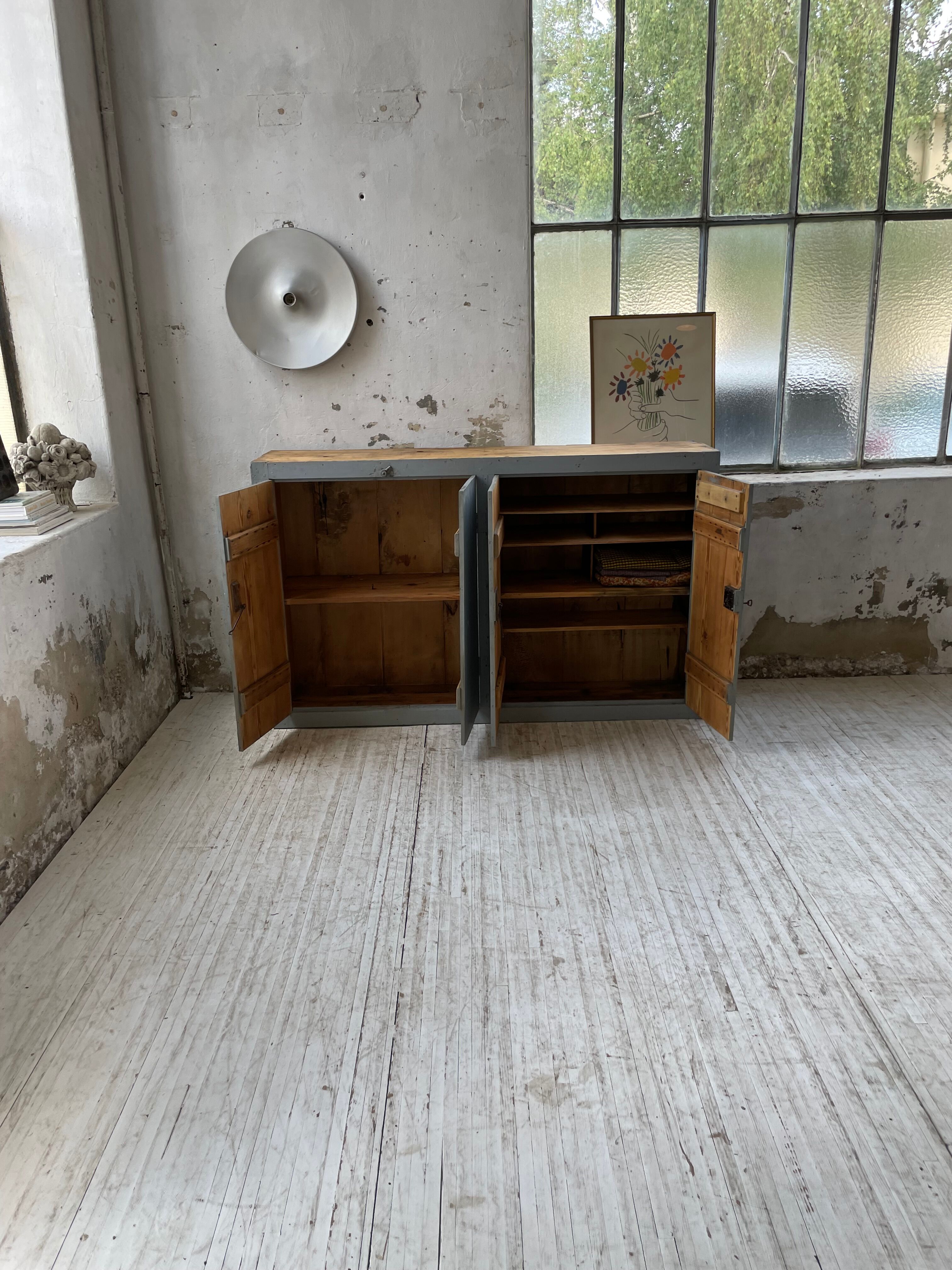 Factory blue patinated workshop furniture