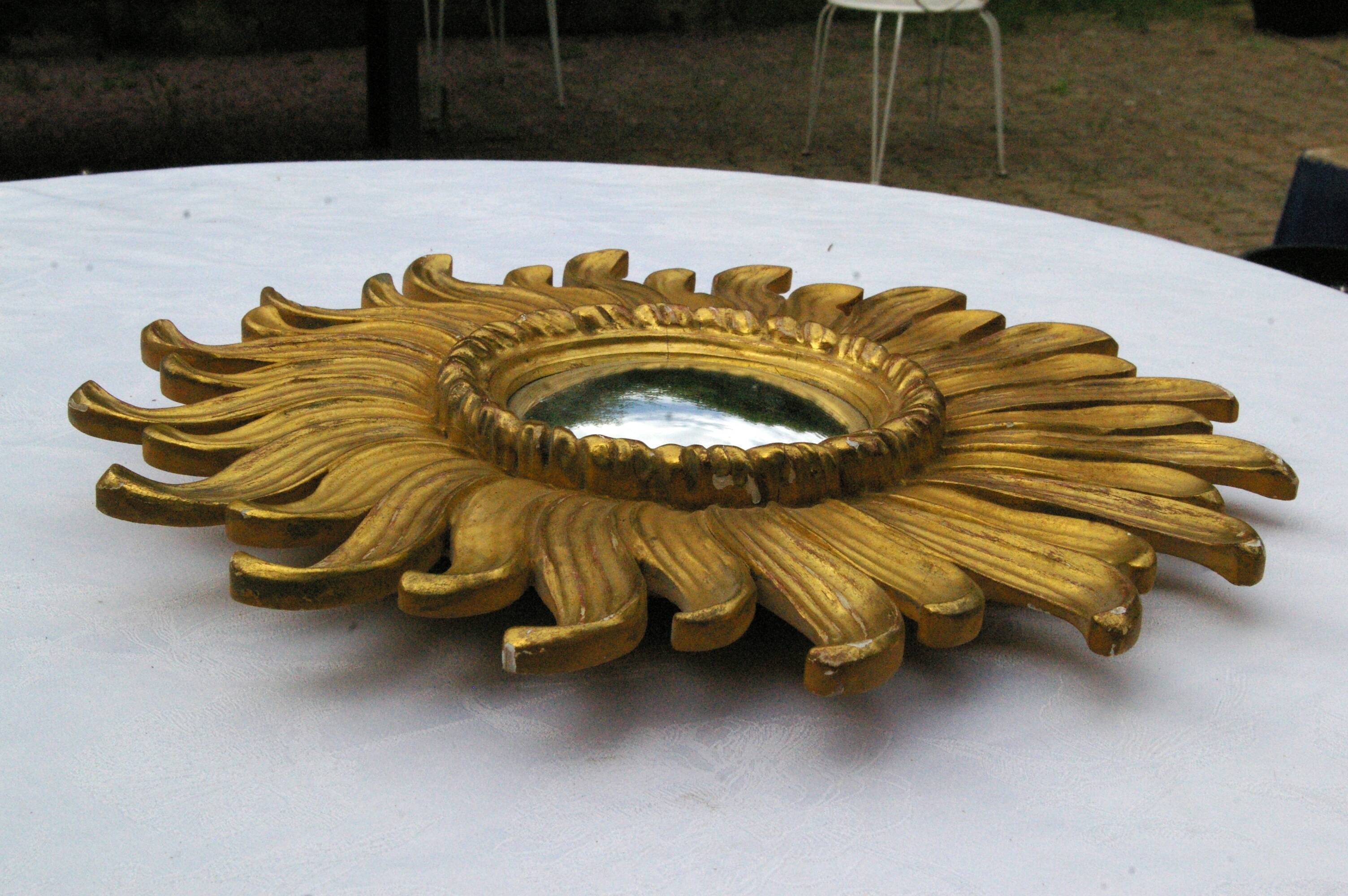 Old mirror sun domed golden wood "witch's eye"