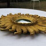 Ancien miroir soleil bombé bois doré "oeil de sorcière"