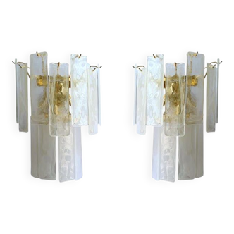 Set of Two Contemporary Venied-White "Alabastro" Listelli Murano Wall Sconces