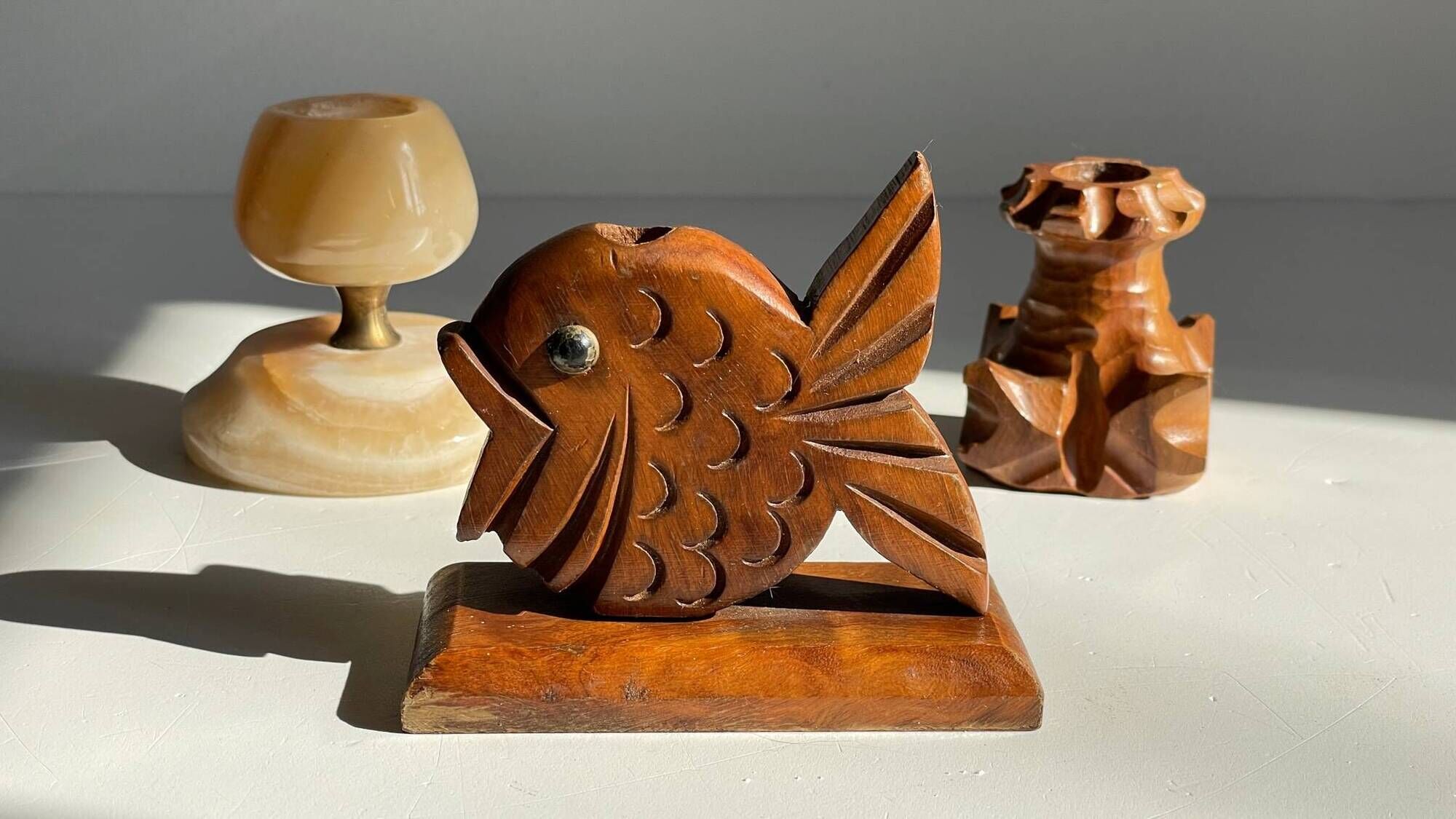 Trio of vintage wood and onyx candle holders