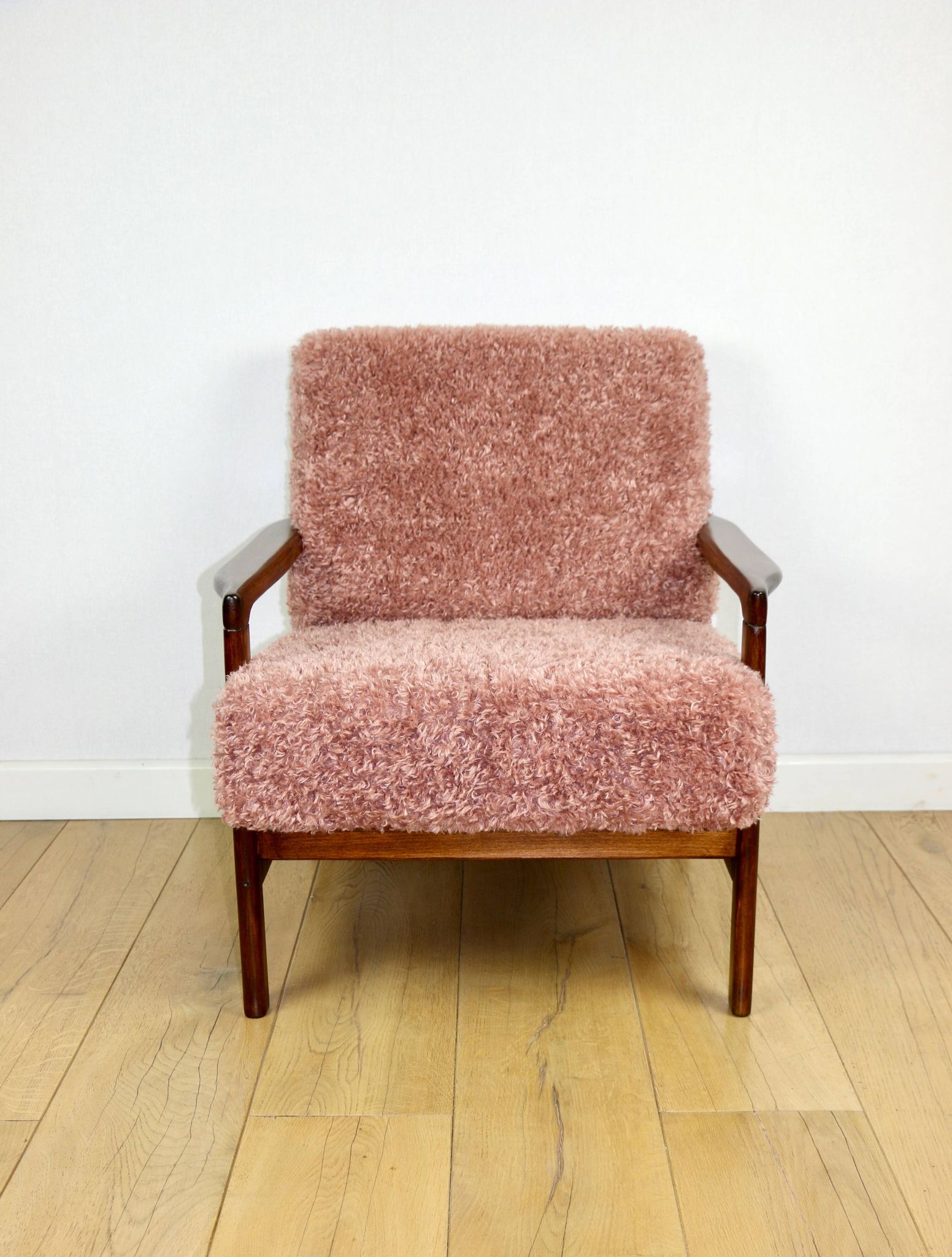 Wooden vintage brown armchair pink long hair proj. Z. Bączyk - 2 pieces available