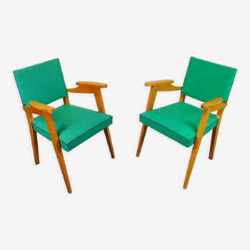 Pair of wood and vinyl armchairs