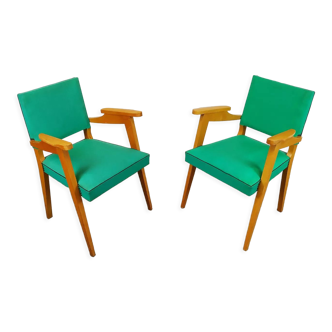 Pair of wood and vinyl armchairs