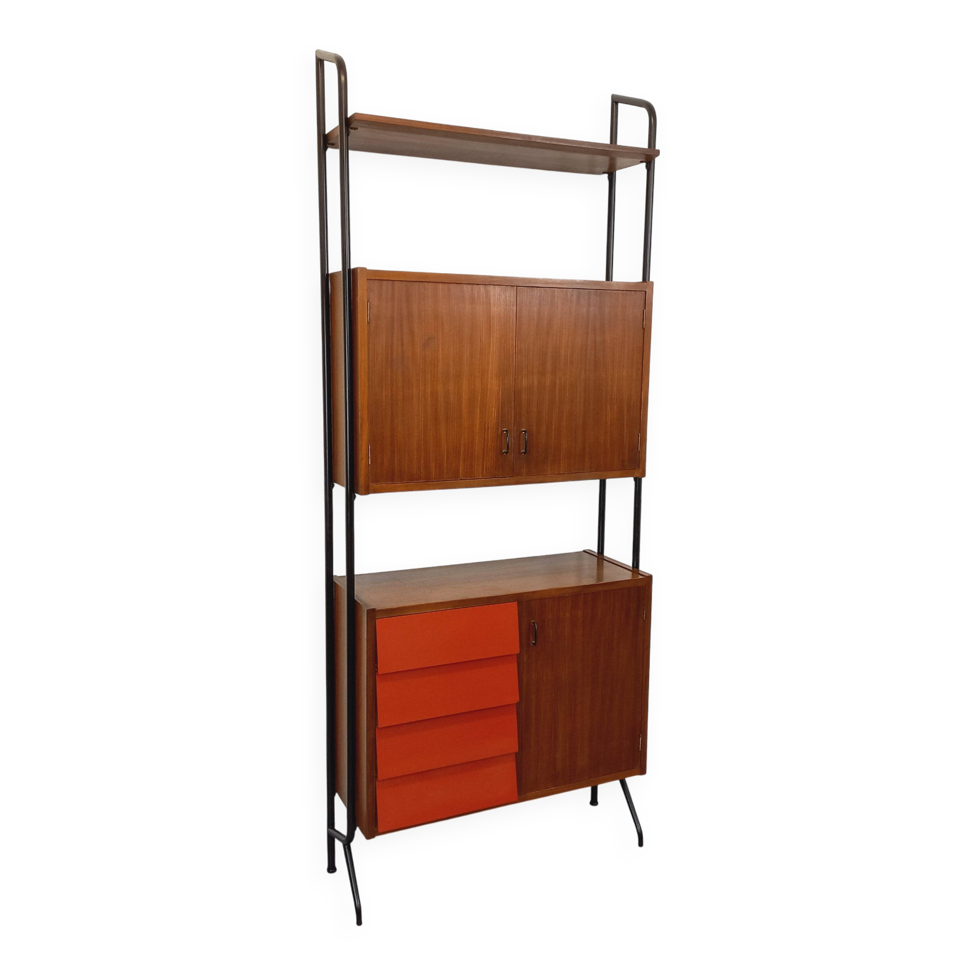 Vintage Italian modular bookcase in teak, metal and melamine
