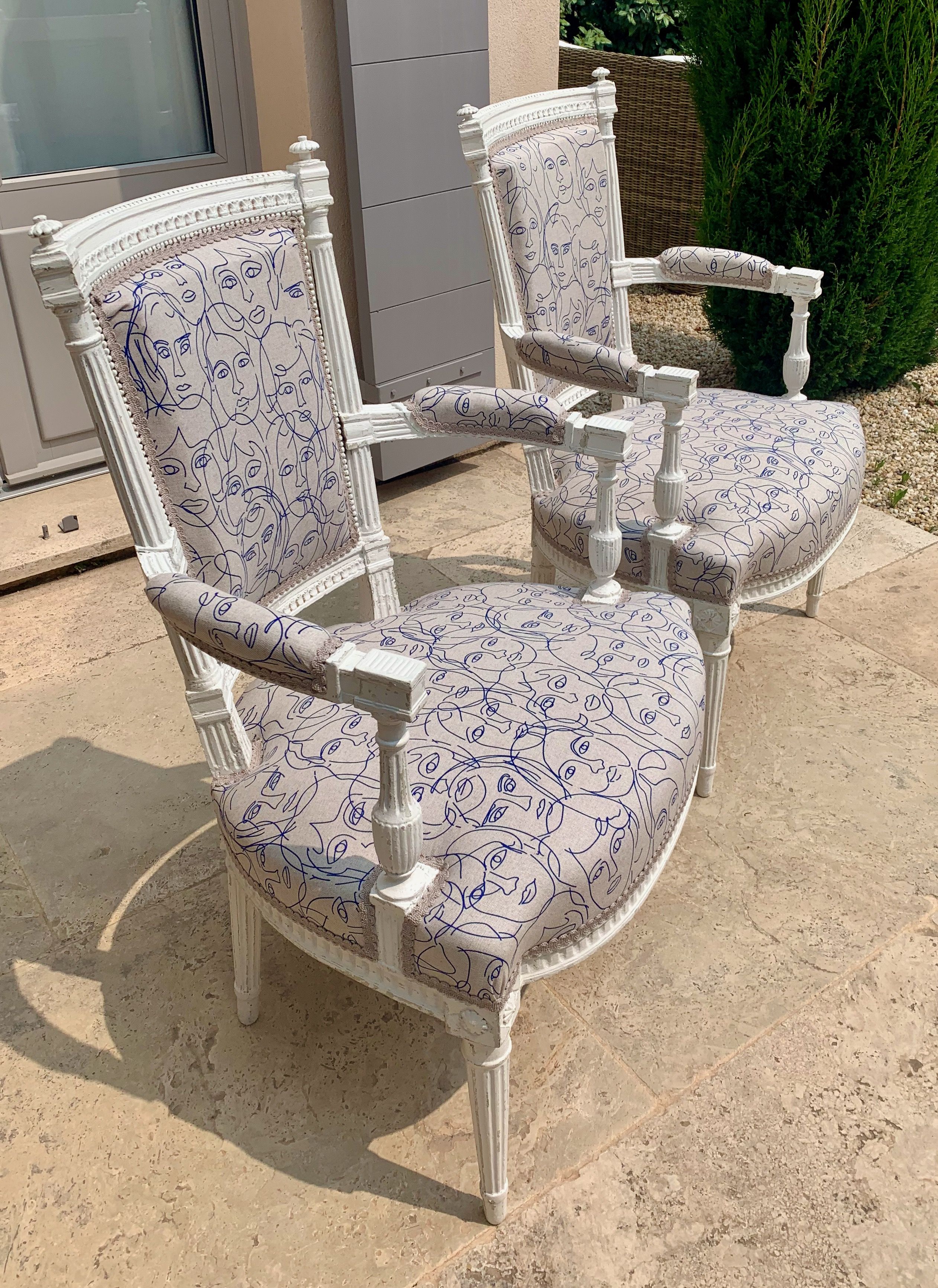 Pair of patinated louis xvi period armchairs, new tapestry