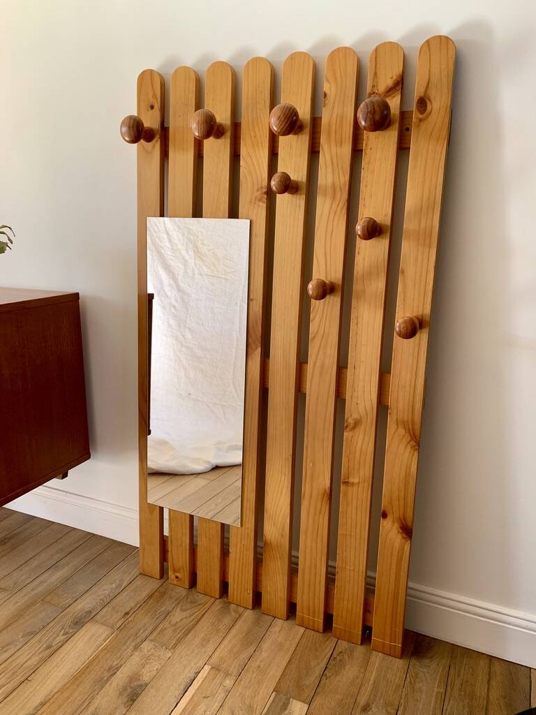 portemanteau vestiaire miroir en pin blond années 70-80