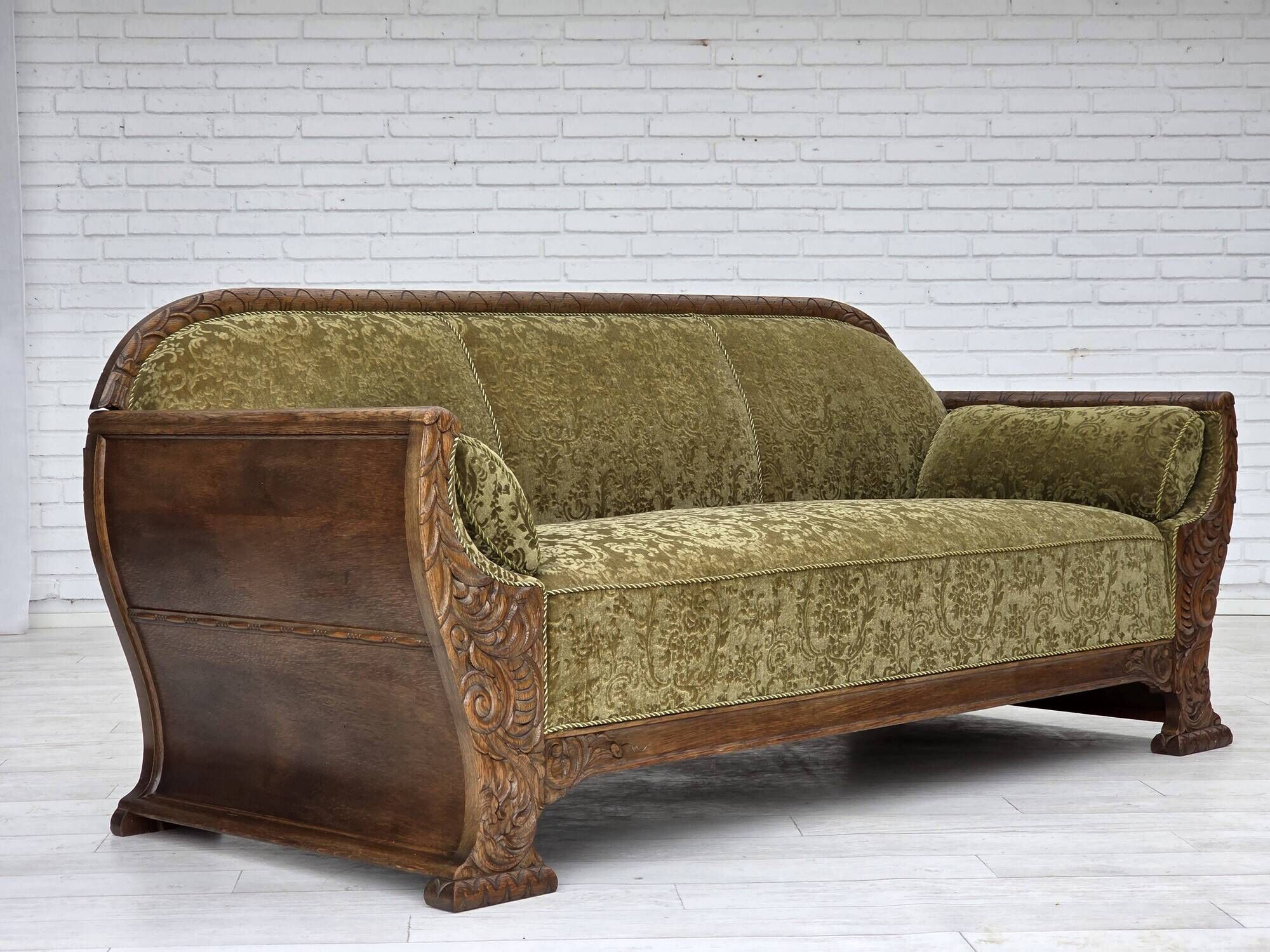 1950s, Danish 3-seater sofa, green furniture velour, oak wood.