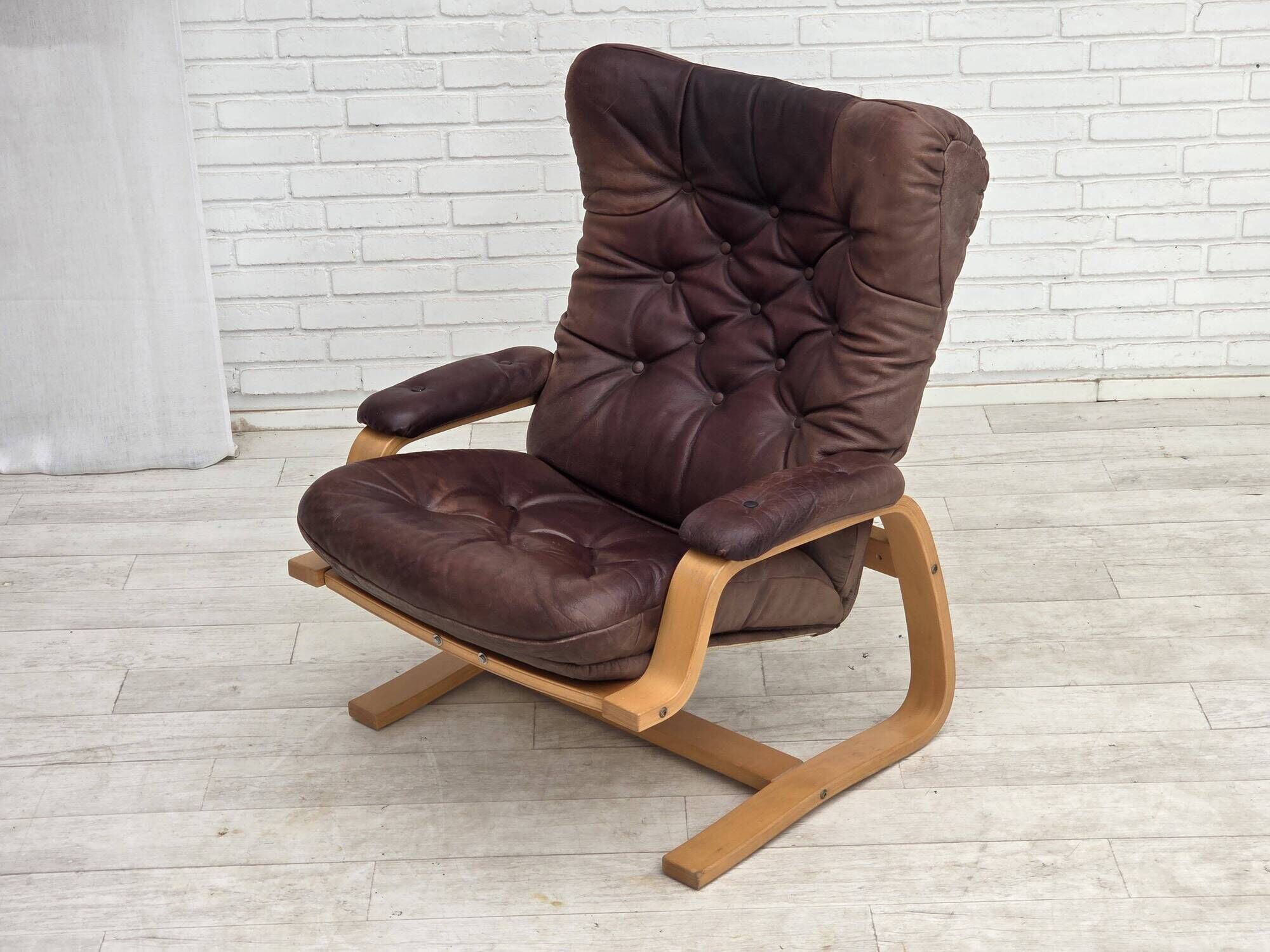 1970s, Scandinavian adjustable armchair, furniture leather, bentwood.
