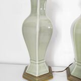 Two celadon-colored ceramic lamp bases