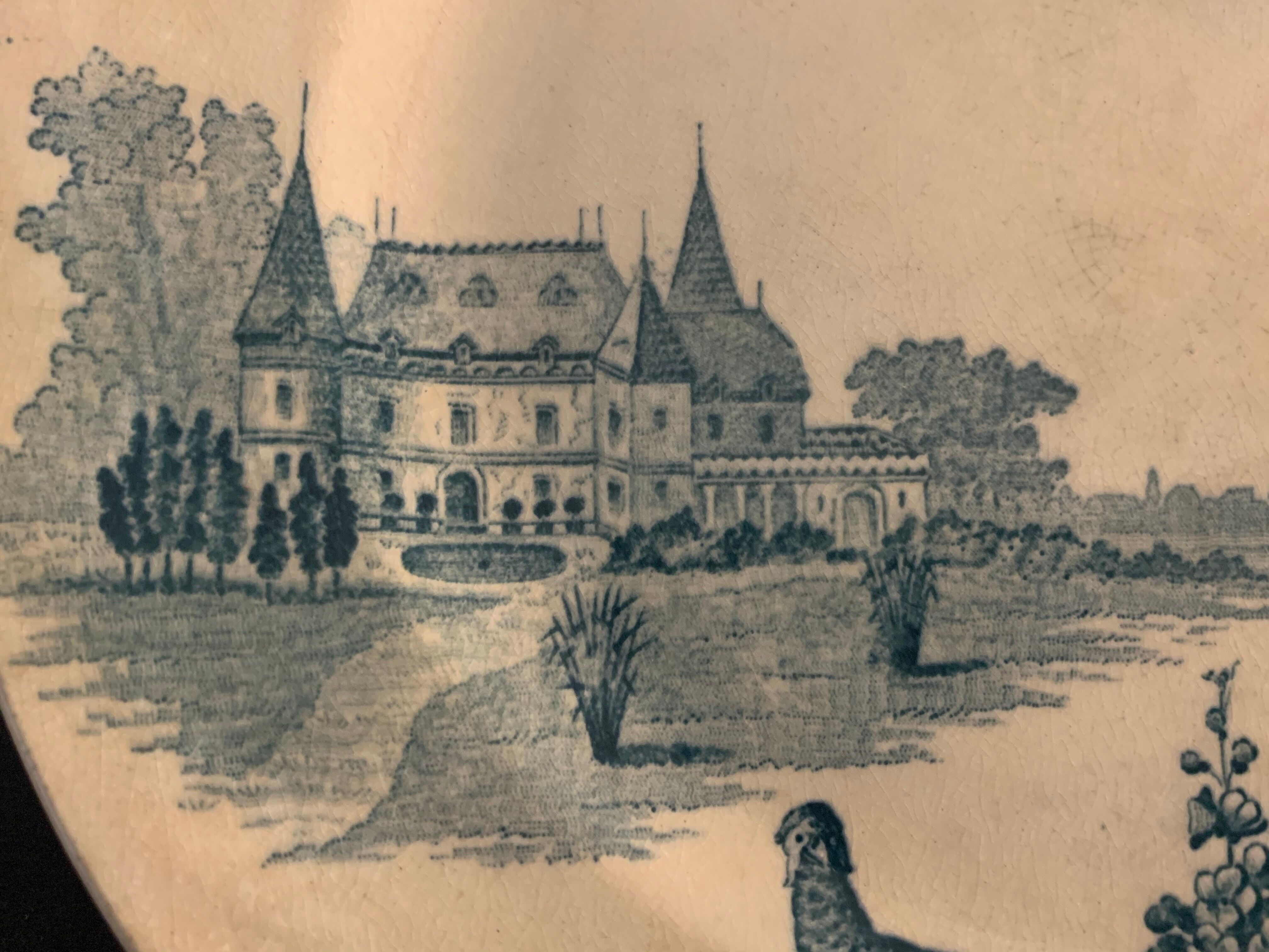 9 dessert plates old chickens, geese and pheasants blue field service Terre de Fer