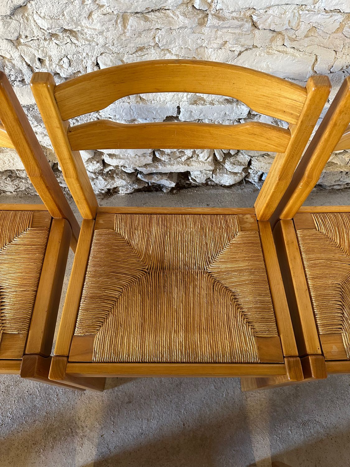 6 Regain House chairs - Elm and straw - 1980 - Vintage - Brutalist