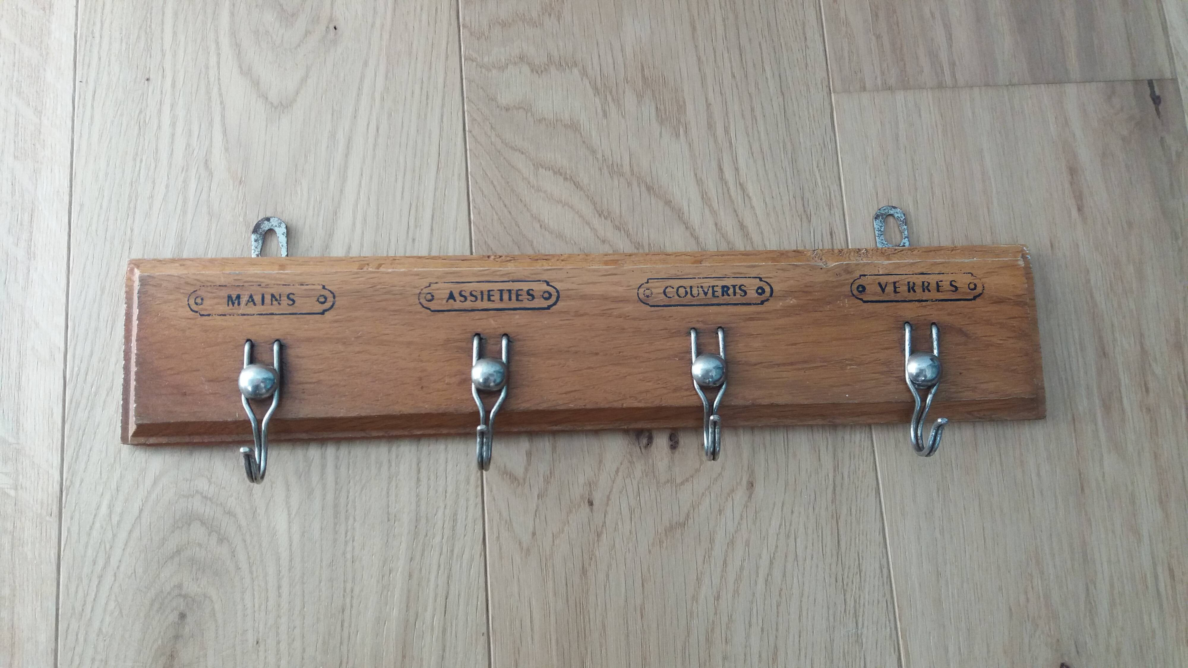 Tea towel holder, wooden and metal towel hook.