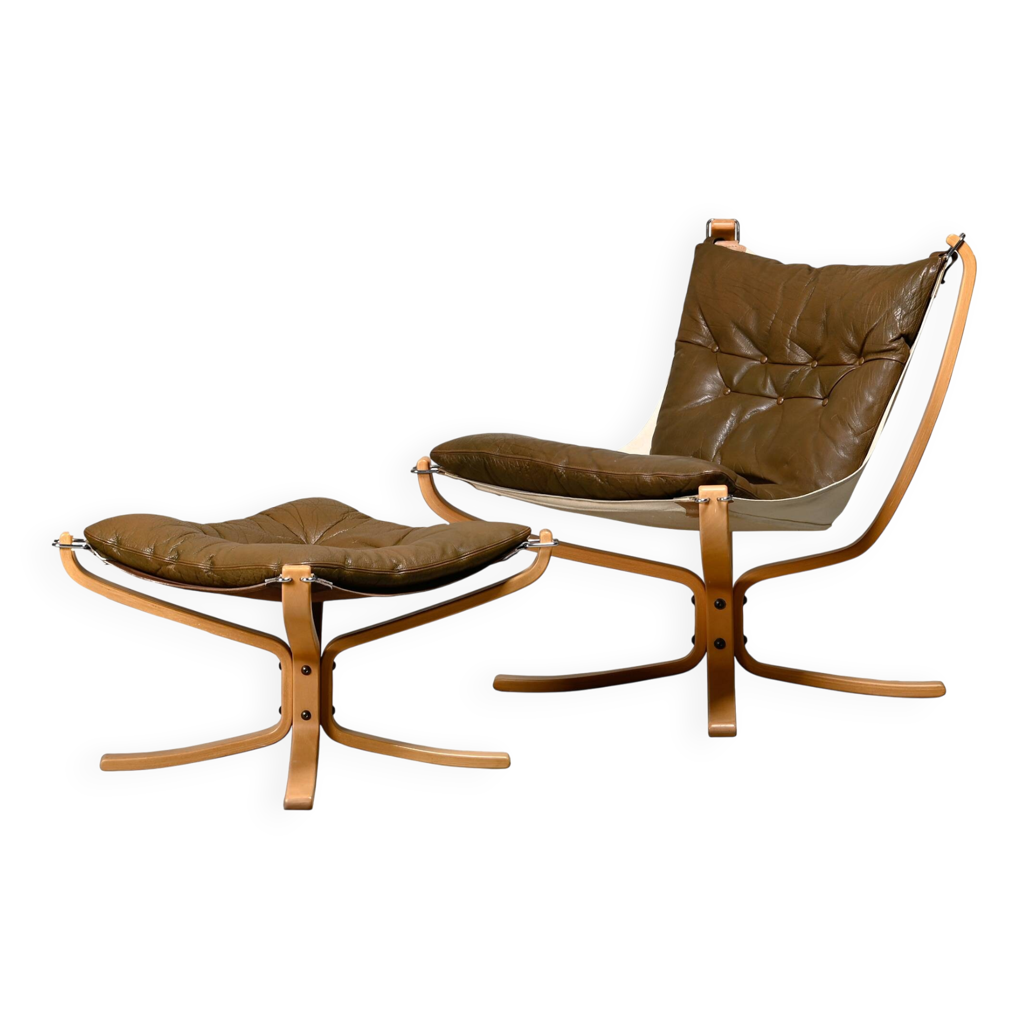 Sigurd Ressell Falcon Chair with Ottoman in brown leather for Vatne Møbler,