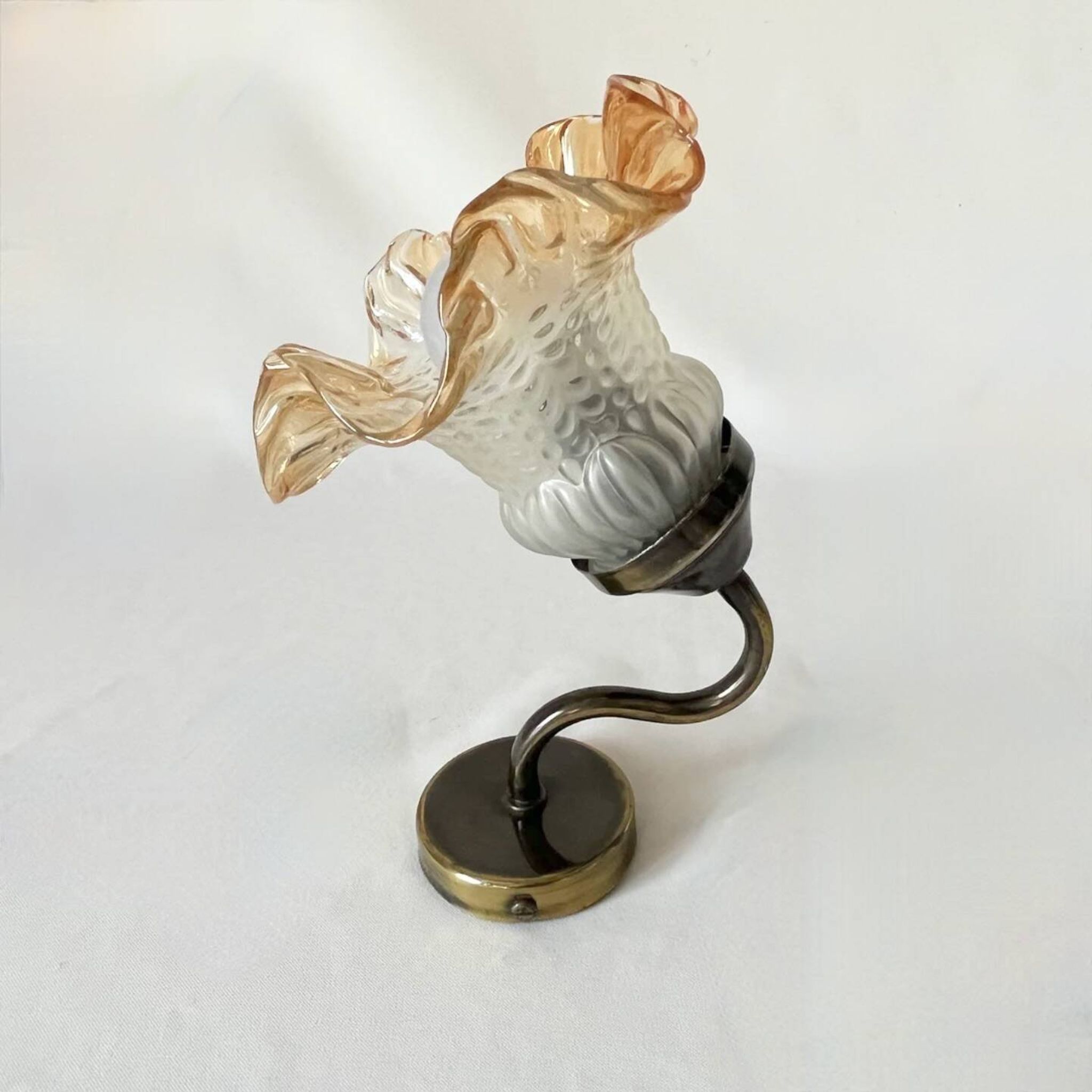 Vintage brass swan neck wall light with opaline tulip flower