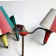 Tripod floor lamp in oak and brass, three lights
