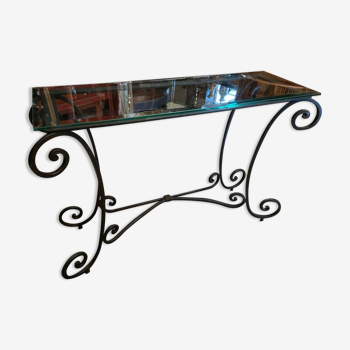 Wrought iron console and Louis XIV style beveled glass top