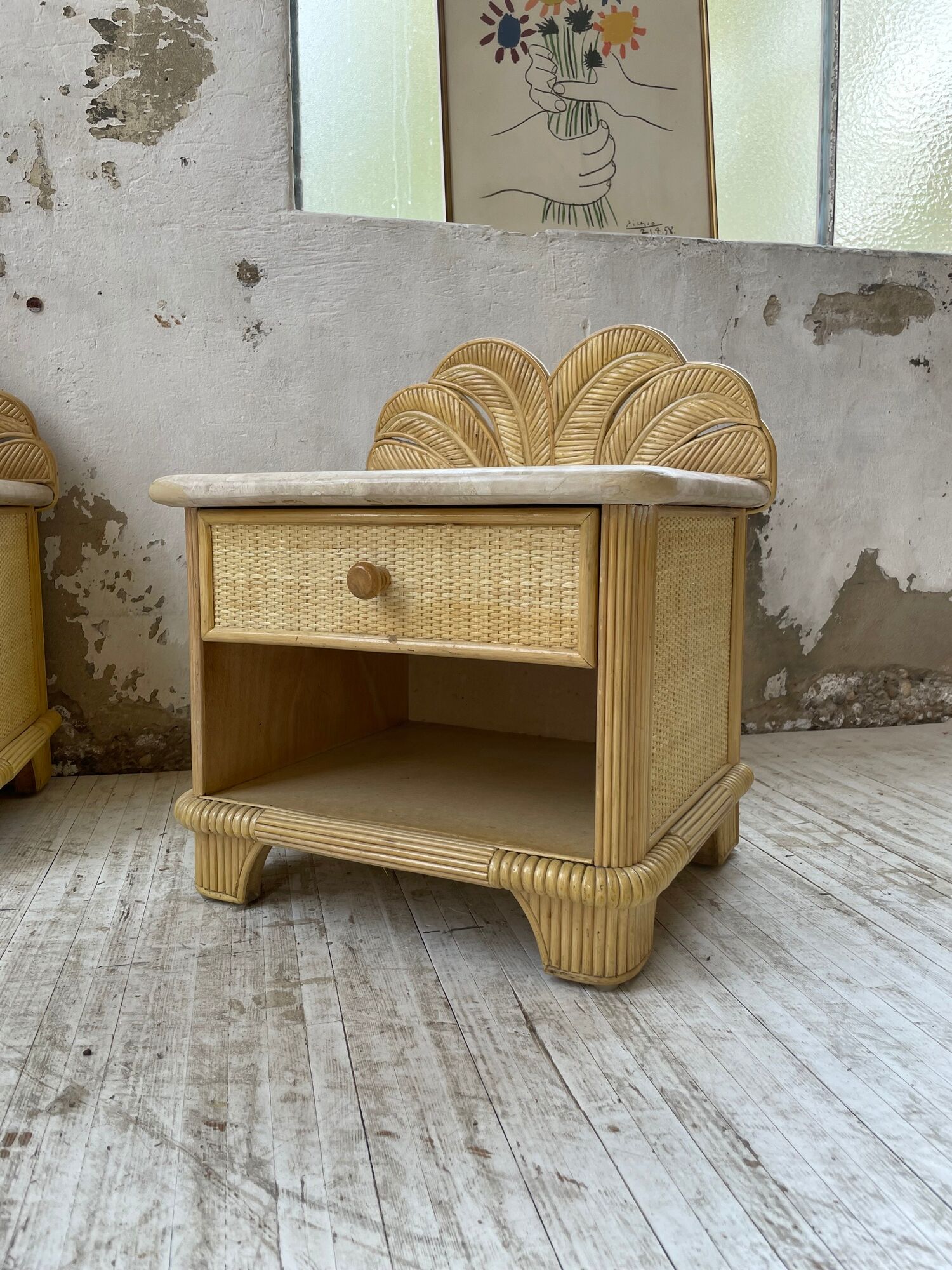 Pair of travertine bedside and rattan palm tree "vivai del sud"