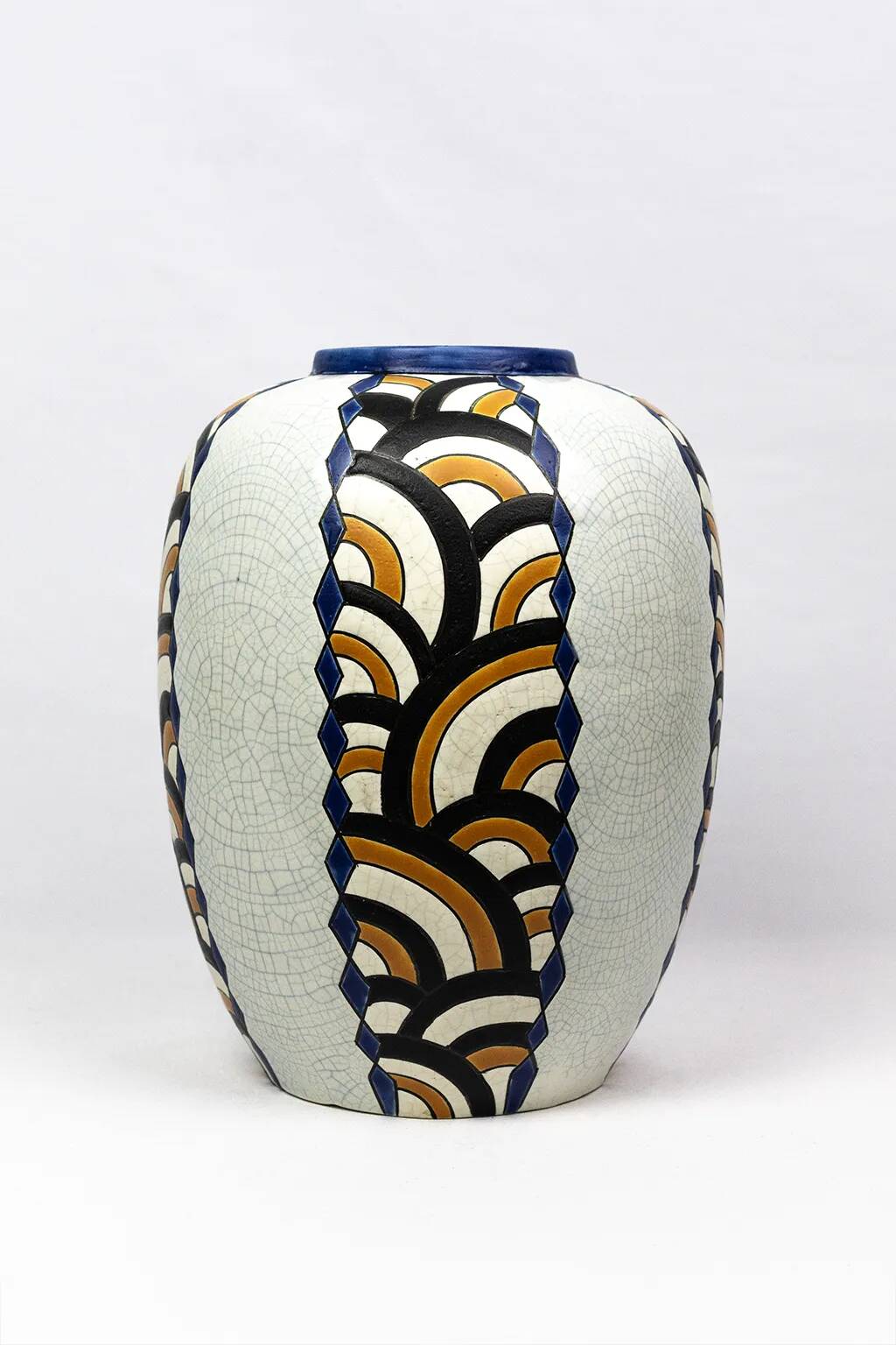 Art Deco vase from the Nimy pottery — geometric design, Belgium circa 1940.