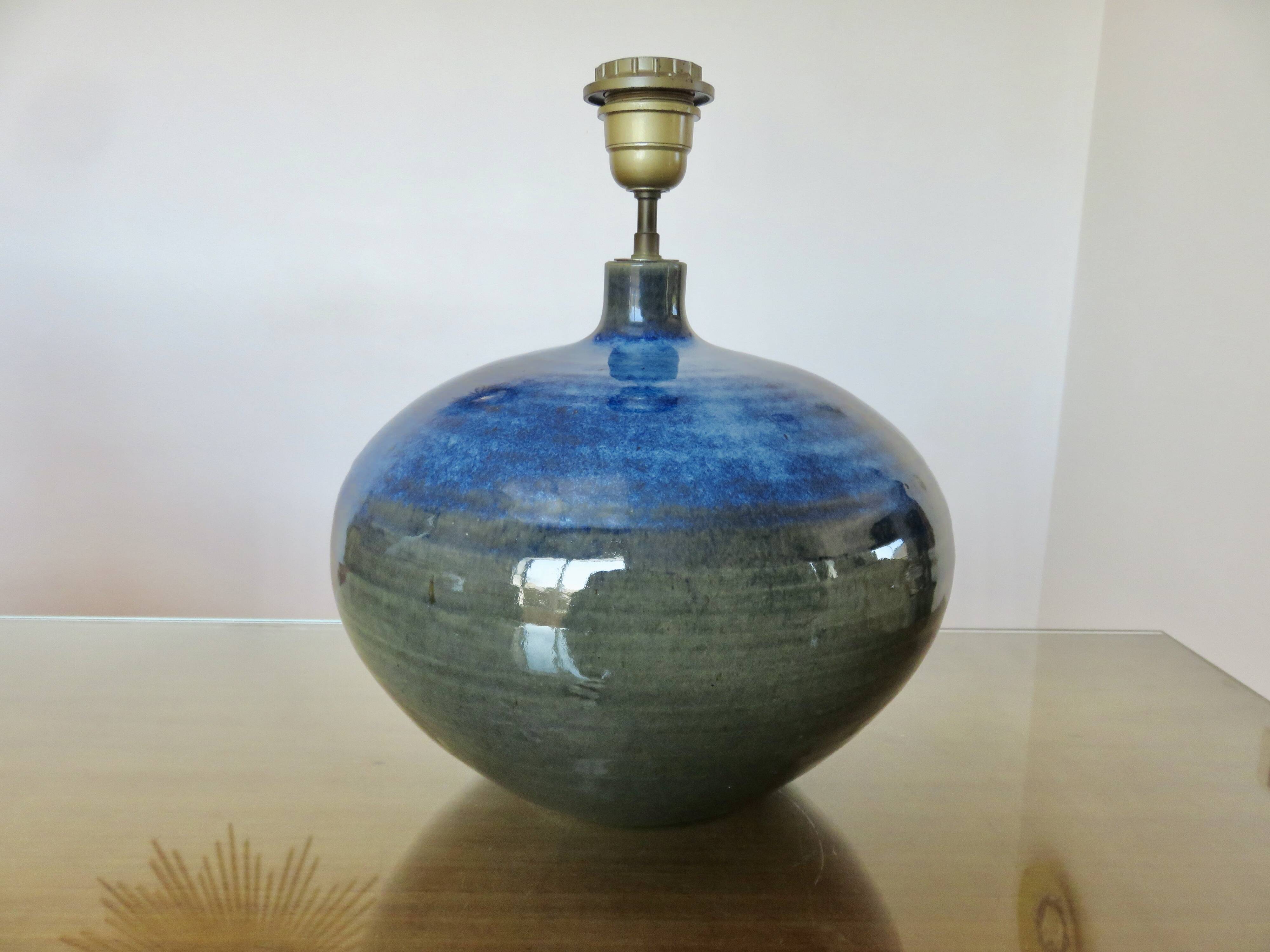 Impressive iridescent blue ceramic lamp with a gradient of green, circa 1960.