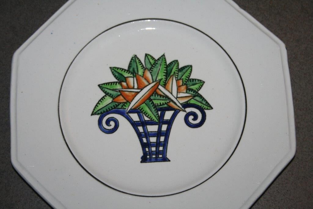8 octagonal Longwy flowery bouquet art déco dessert plates