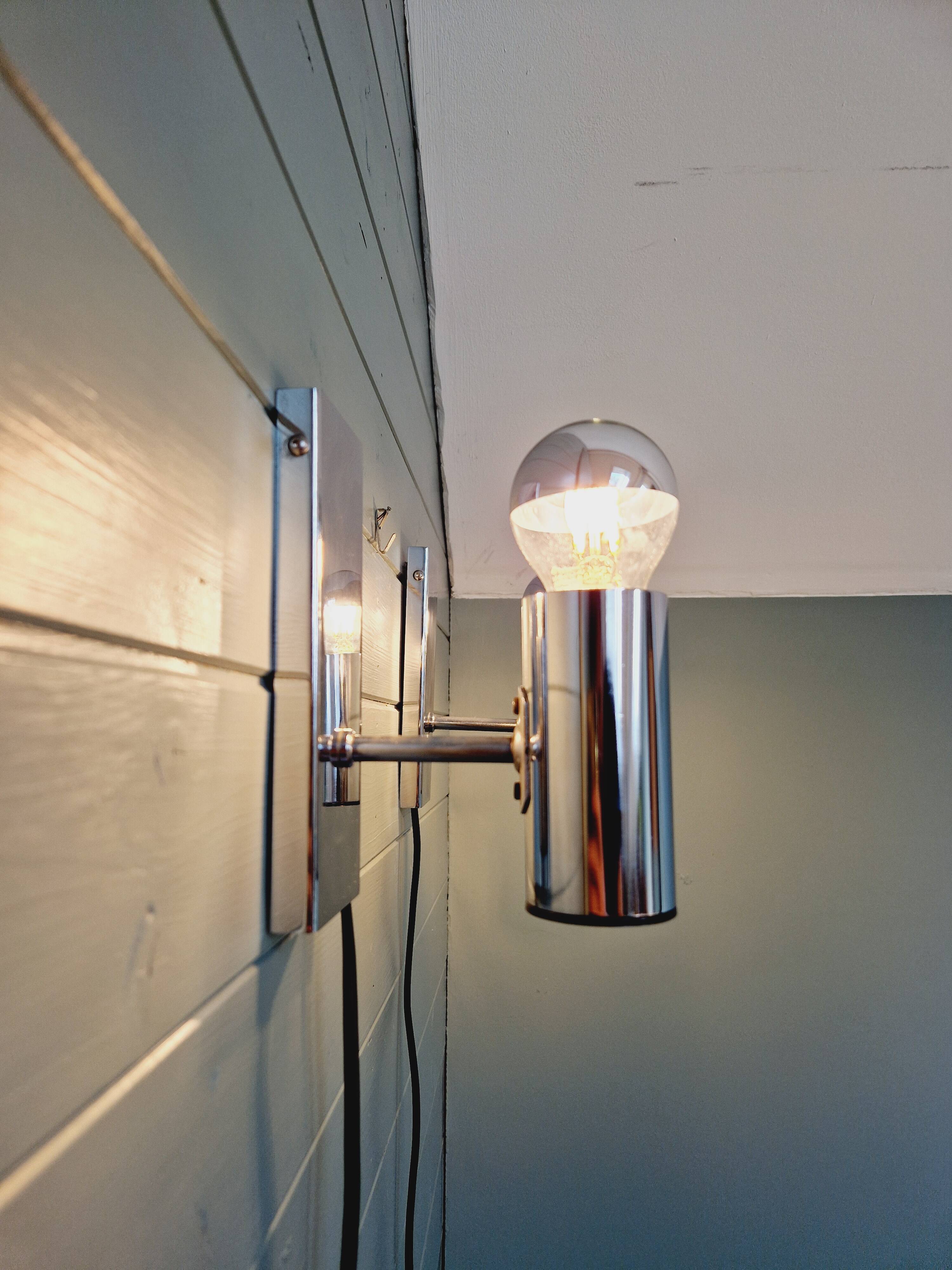 Pair of tubular chrome-plated metal wall sconces, 1970s