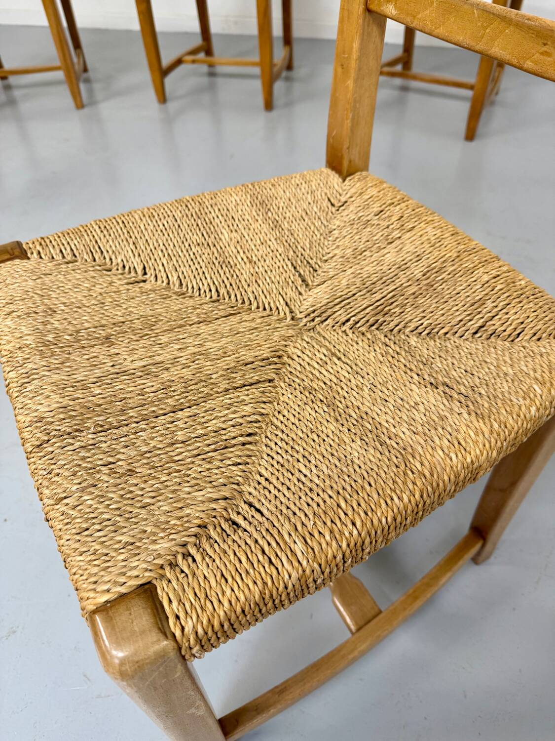 Set of 5 wooden chairs with rope seats, Scandinavian design, 1970s