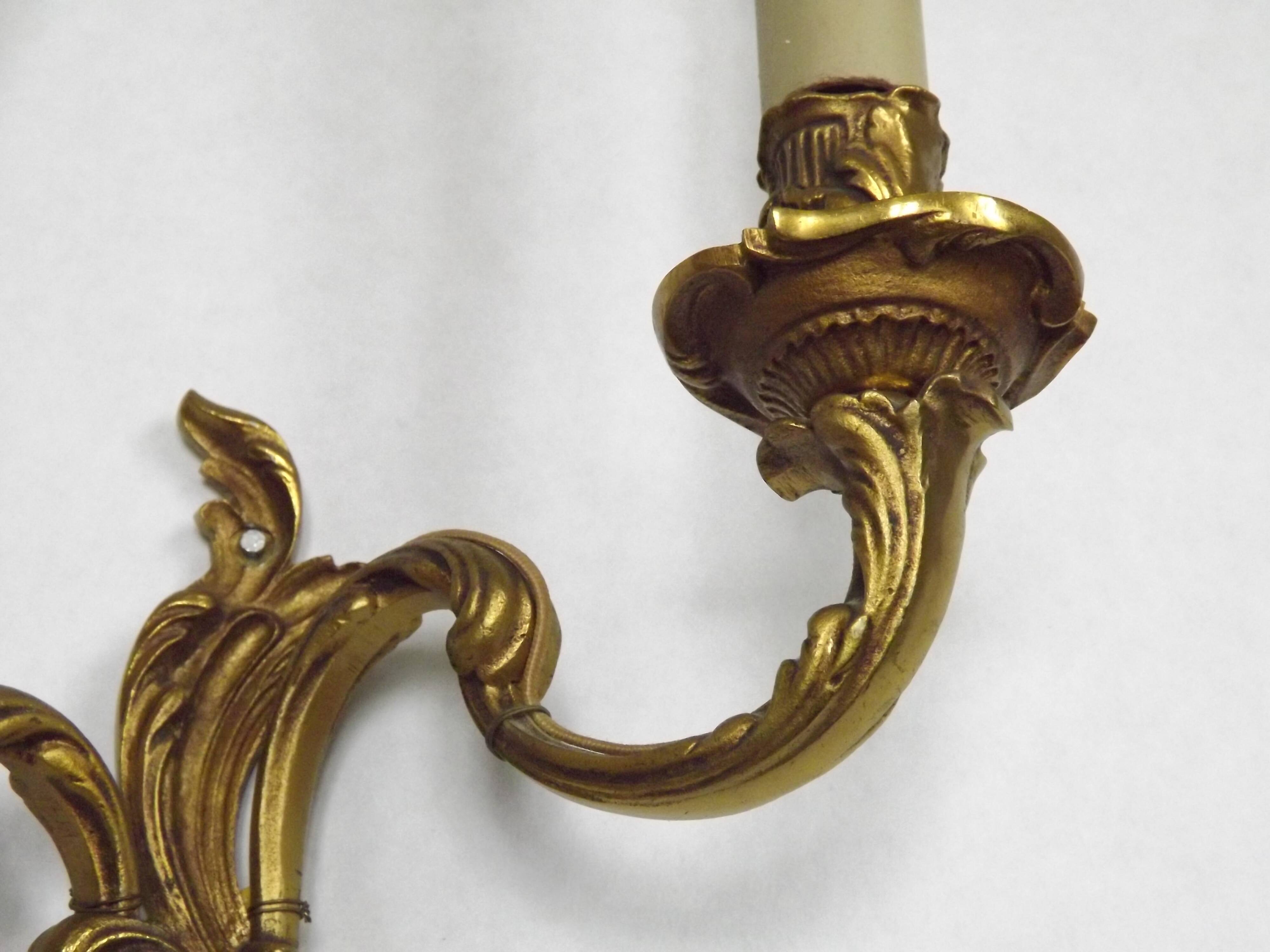 Elegant Vintage French Bronze Double Wall Sconces with Acanthus Leaf Detail