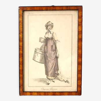 Gravure de mode encadrée 1800 - Femme avec Boite à Chapeau "Chapeau Parisien AN 10"