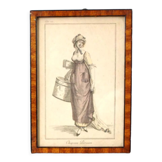 Gravure de mode encadrée 1800 - Femme avec Boite à Chapeau "Chapeau Parisien AN 10"