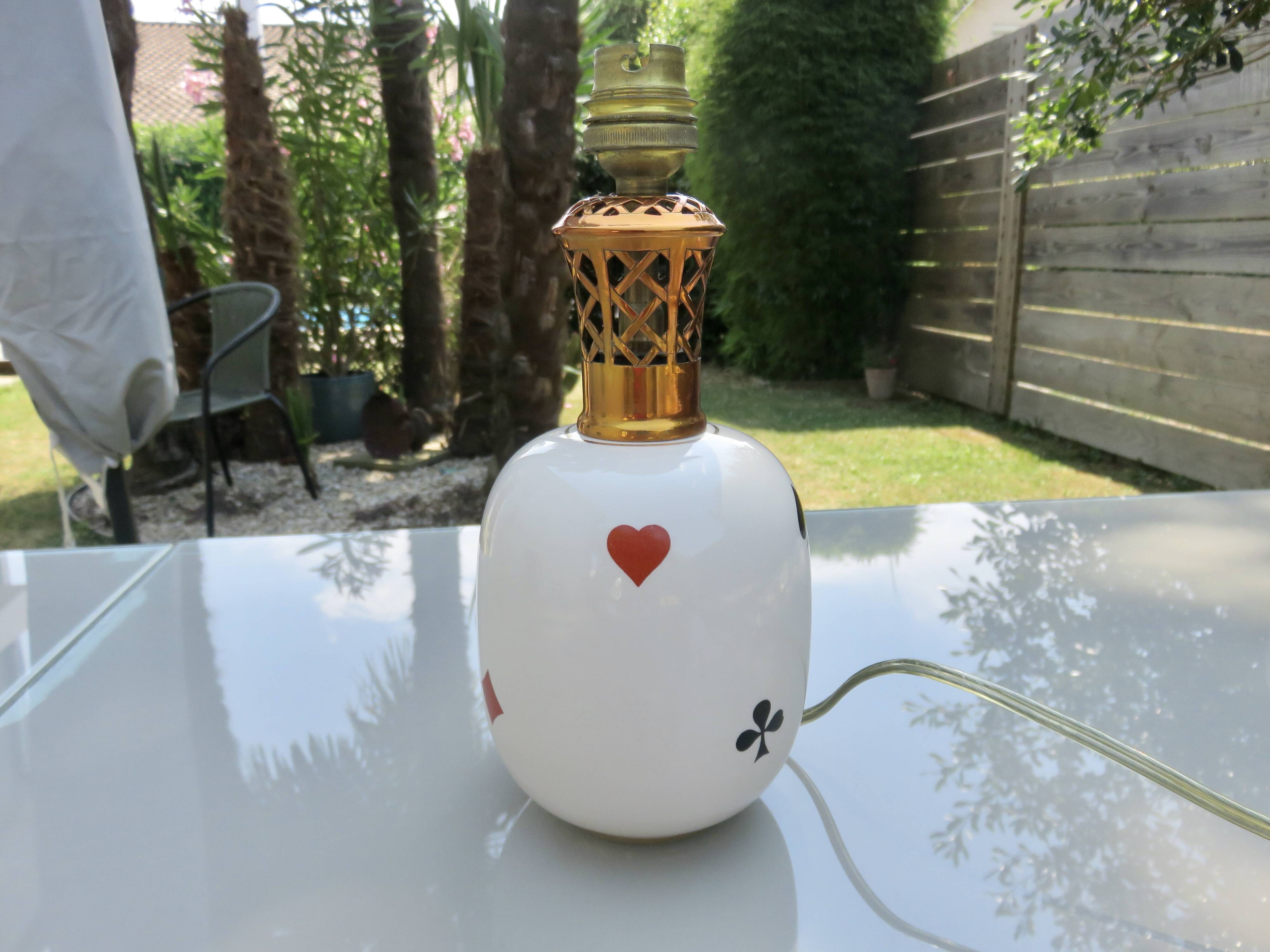Porcelain lamp Rivière Letort, Saint Méen Le Grand "playing cards"