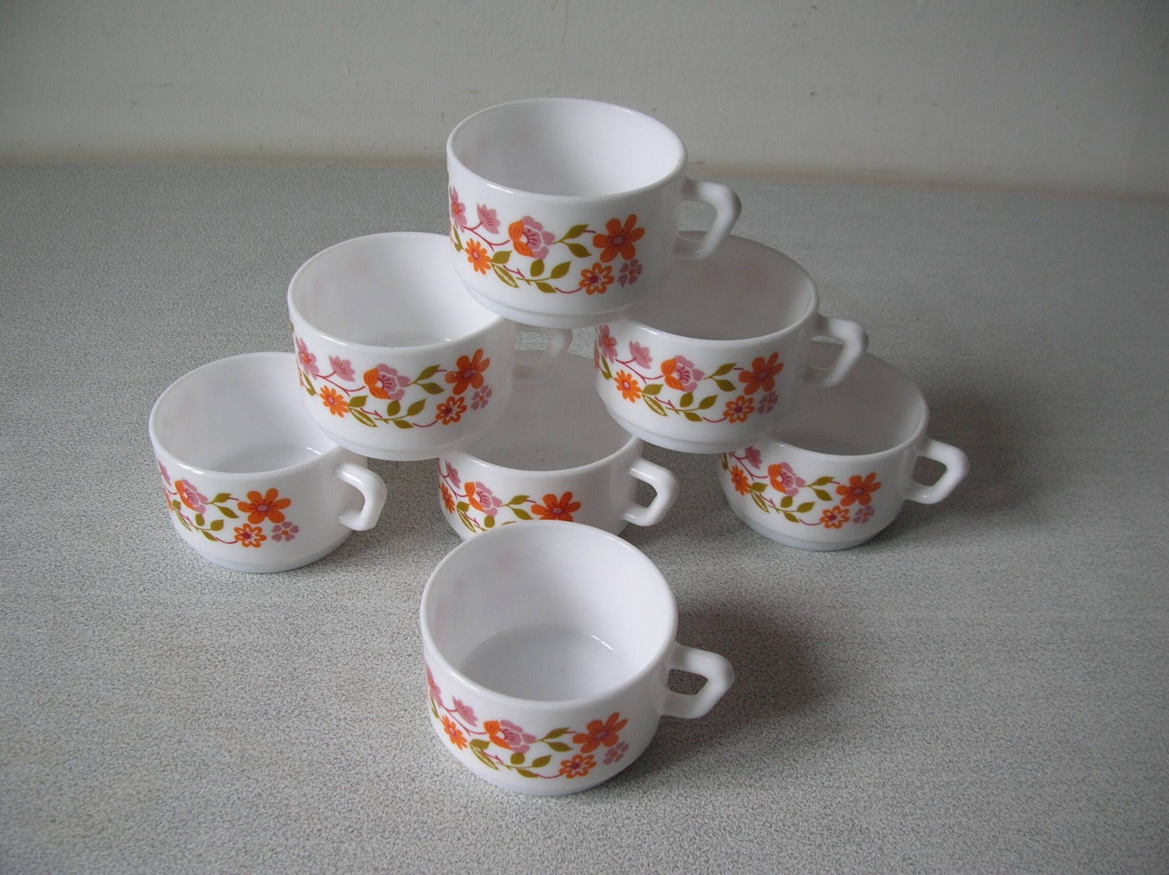 Set of 7 old Arcopal cups scania floral decor 1970s/80s retro kitchen decor