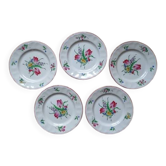 Kg luneville " réverbère " 5 assiettes plates faience fleurs peint main ø25,5 cm