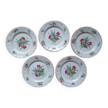 Kg luneville " réverbère " 5 assiettes plates faience fleurs peint main ø25,5 cm
