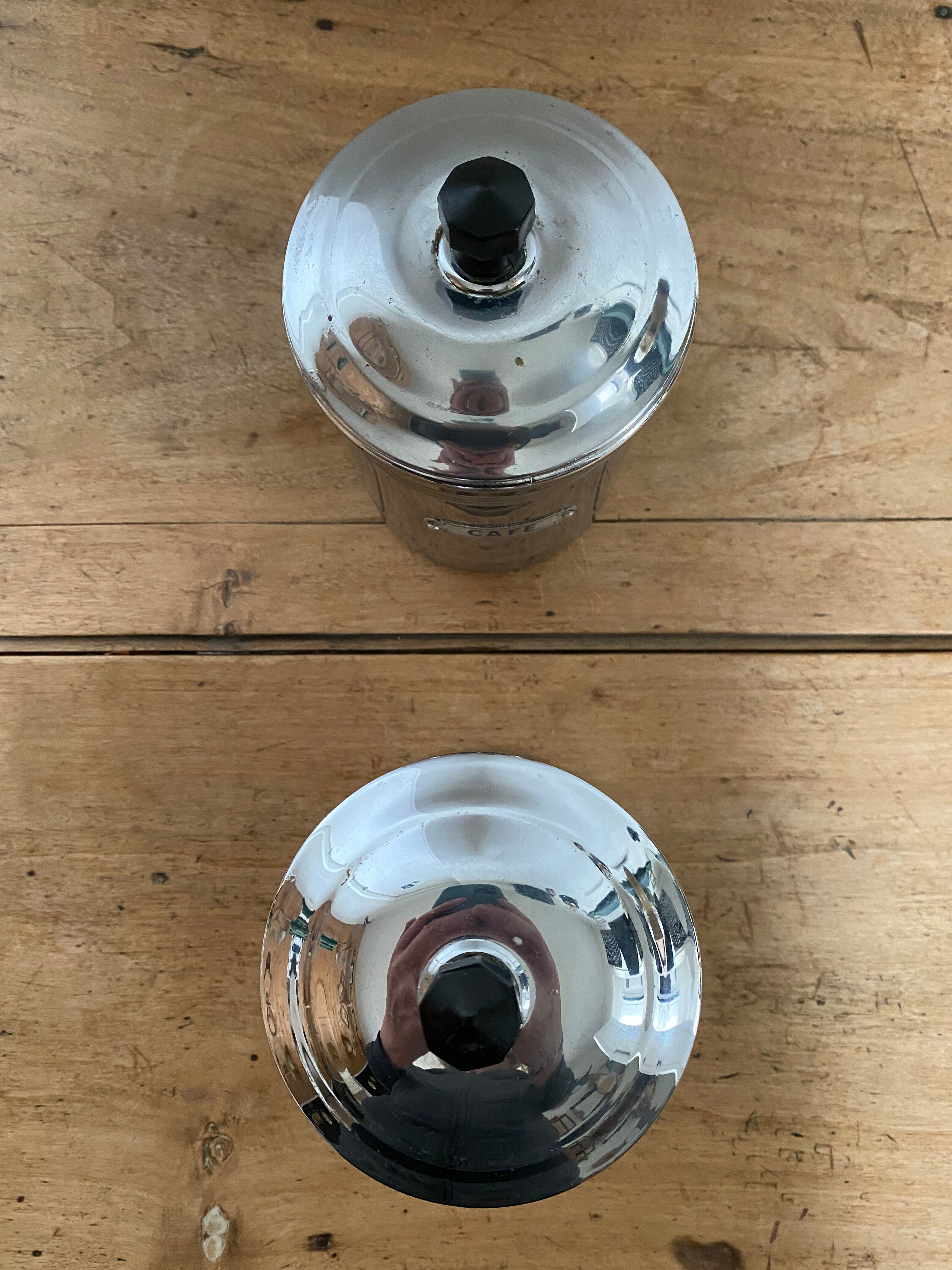 Set of two chrome-plated copper coffee/sugar jars stamped