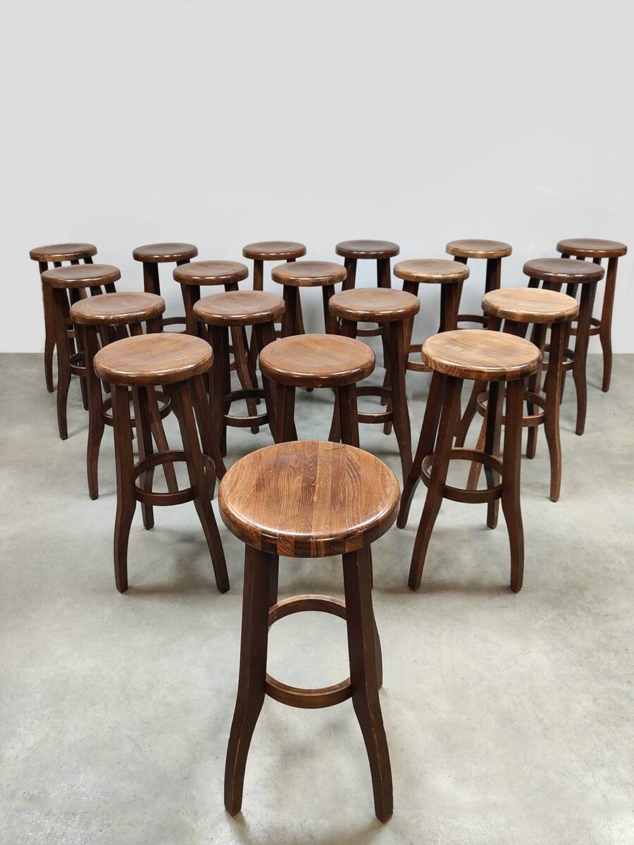 Brutalist design wooden vintage barstools 19 x