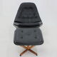 Madsen and Schubell Black Leather Reclining Chair and Stool, Denmark 1960