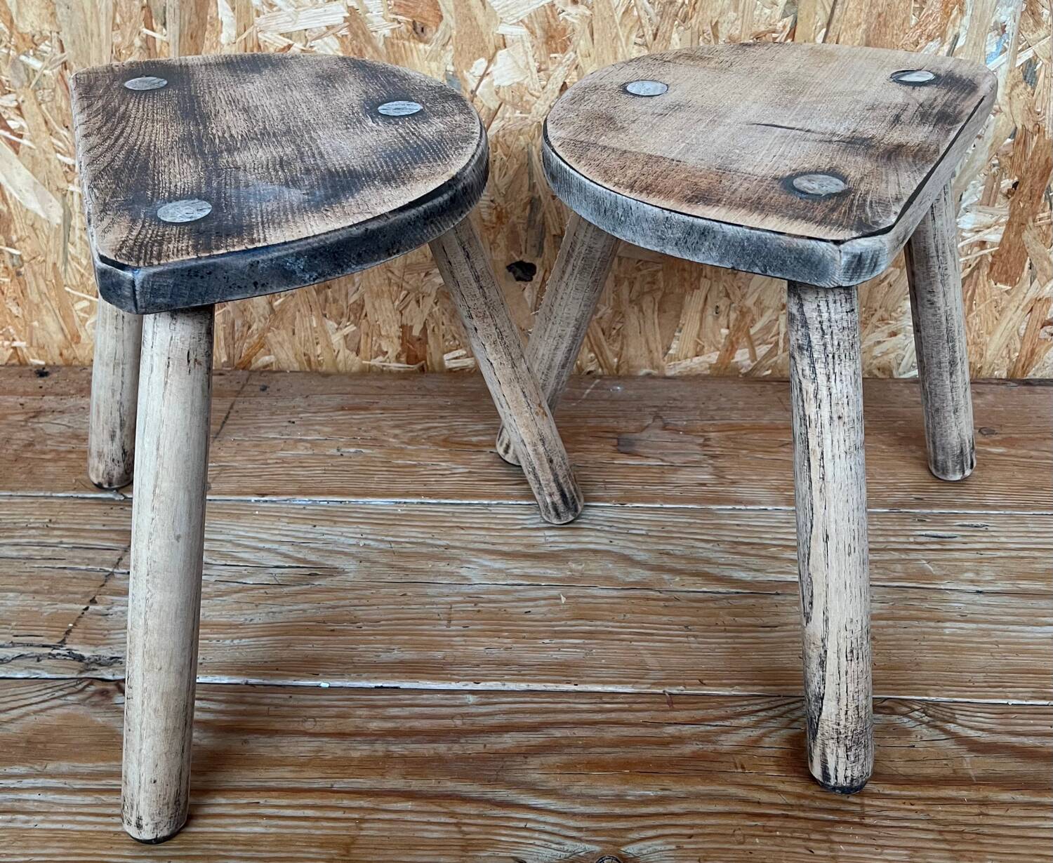 Pair of wooden tripod stools
