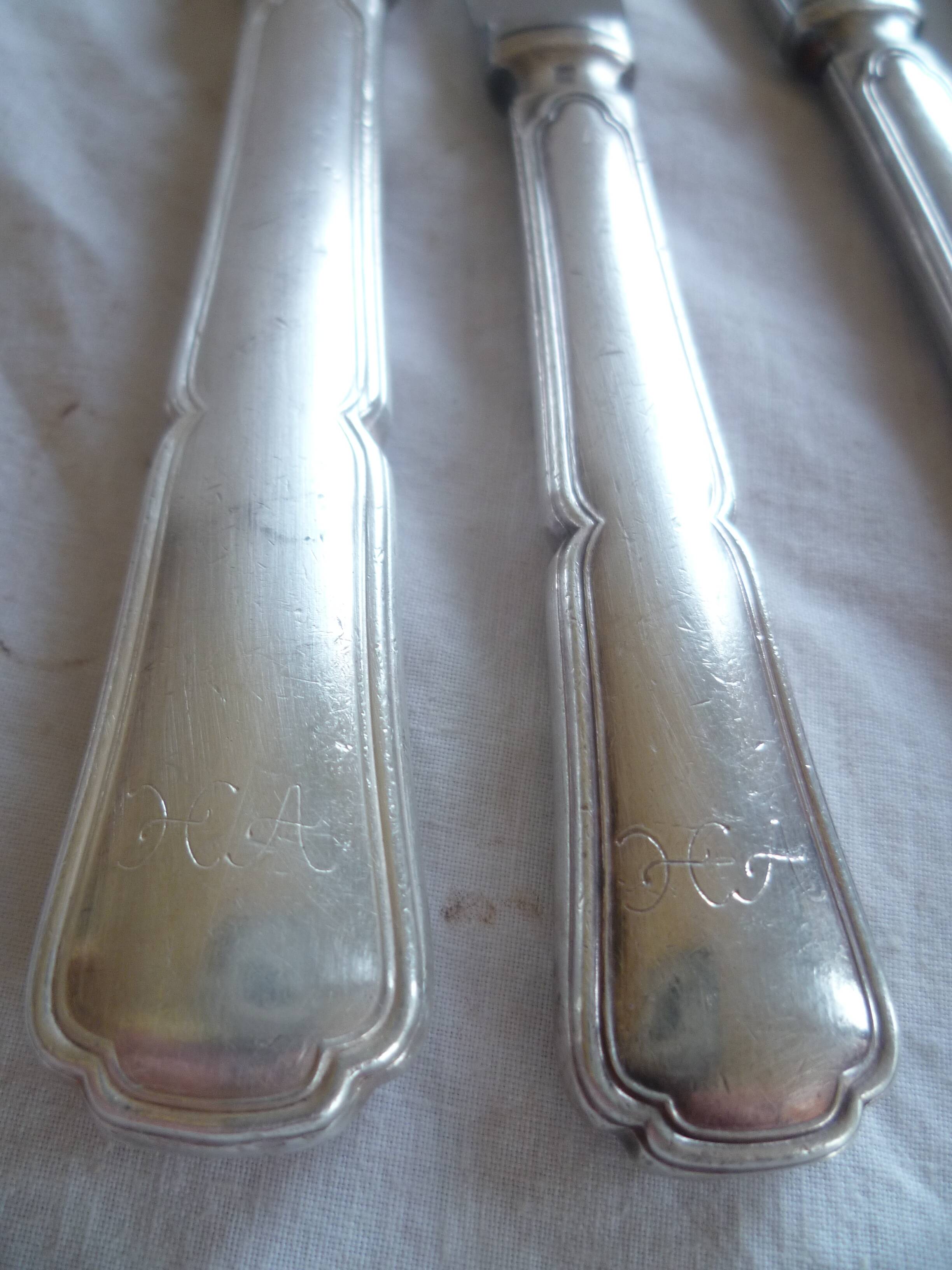 Set of 12 dessert knives/9 table knives, silver plated, violin model