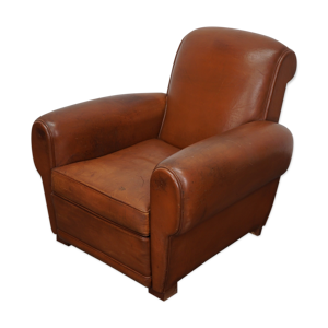 Chaise club en cuir vintage français de couleur cognac, années 1940