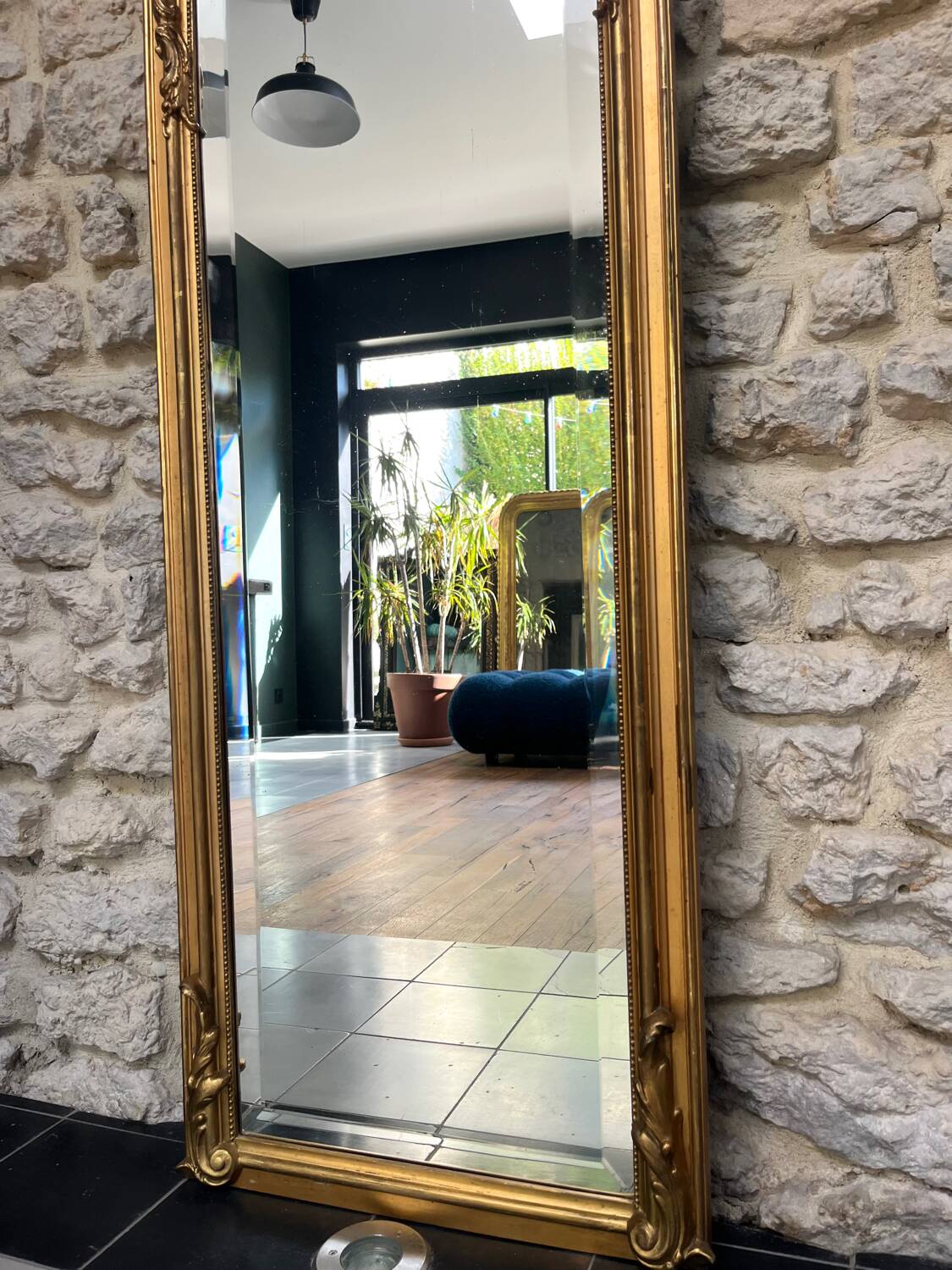 Antique mirror, 238.5/51cm, between two panes, with gilded pediments and gold leaf
