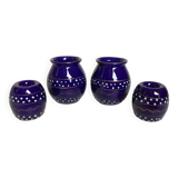 Pair of small enamelled cobalt blue candlesticks and vases