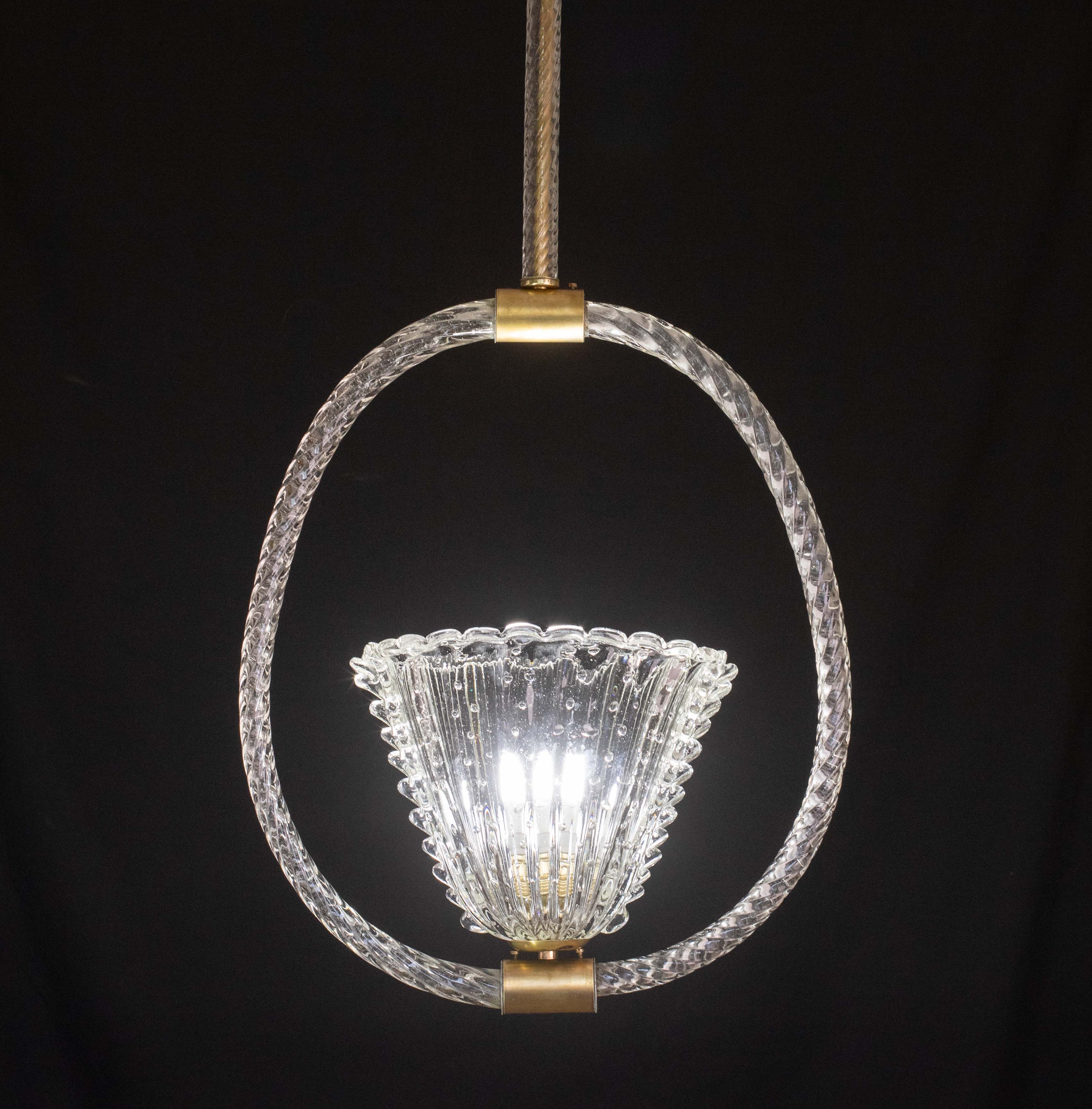 Ercole Barovier Art Deco Chandelier, "Bullicante" Glass Murano, 1940