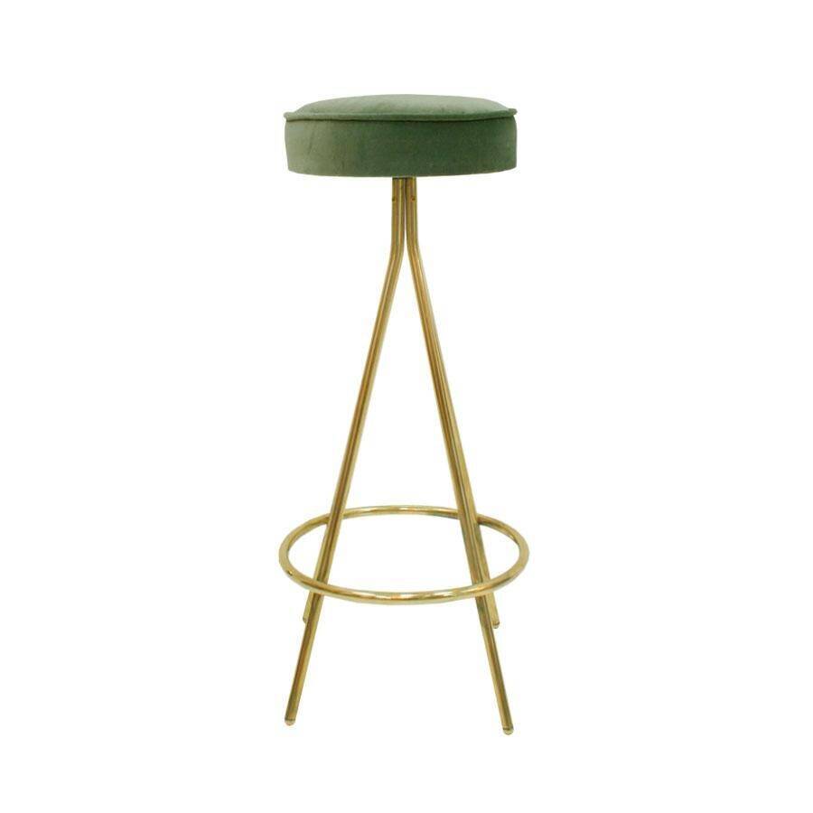 Midcentury Style Circular Brass and Cotton Velvet Italian Bar Stools