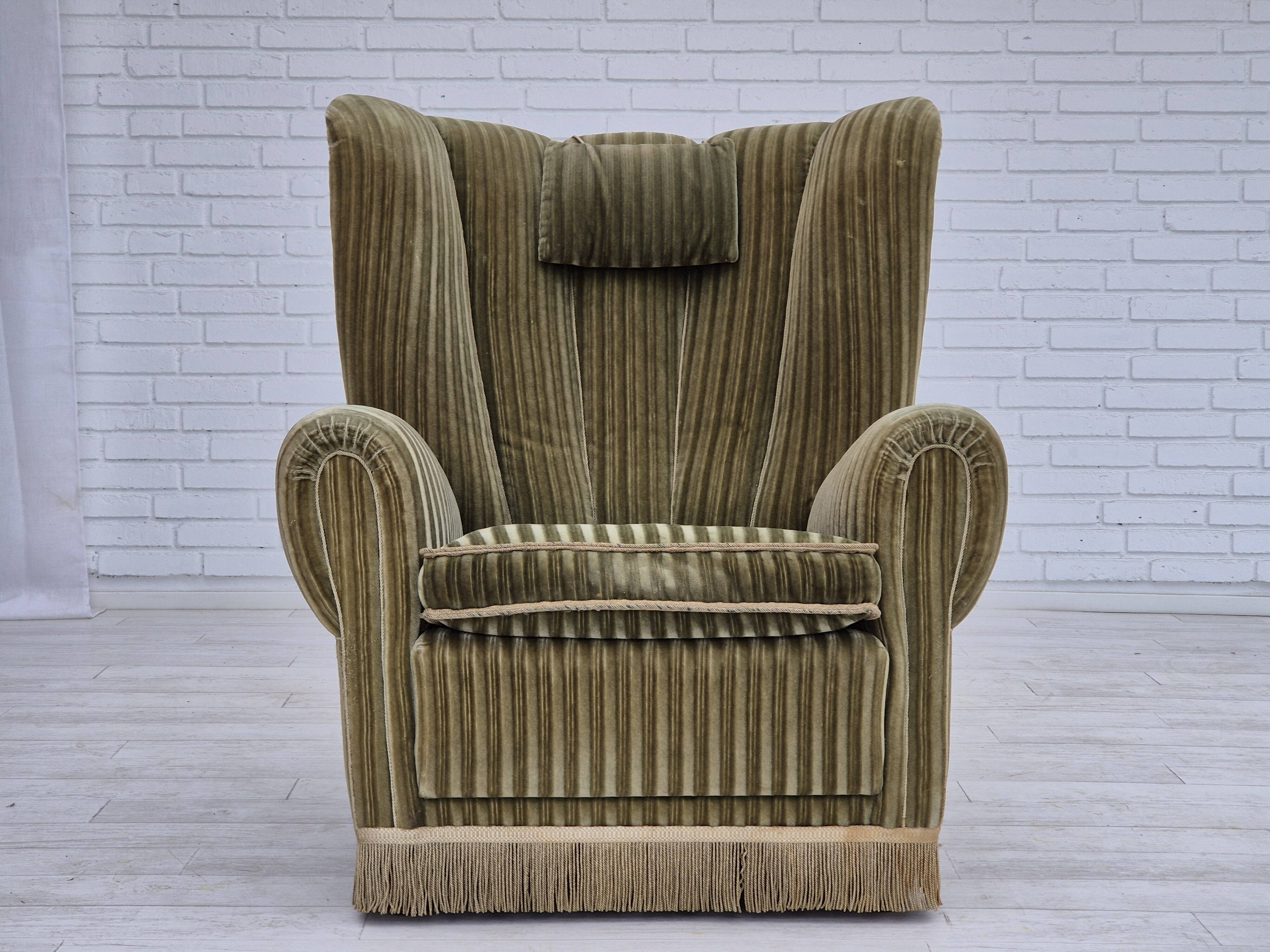 1960s, Danish highback relax armchair, original condition, green furniture velour.