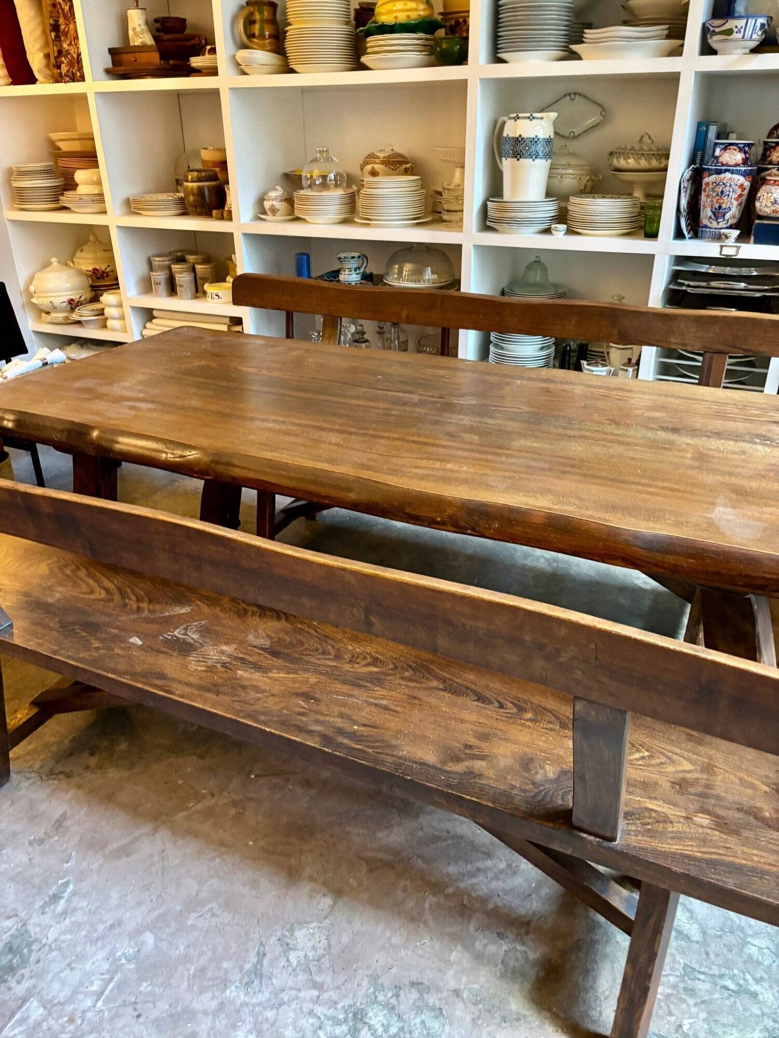 Aranjou dark wood dining table and 2 benches from the 70s/80s ☐ 200 x 89 cm