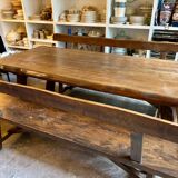 Table à manger et 2 bancs en bois foncé Aranjou années 70/80 ☐ 200 x 89 cm