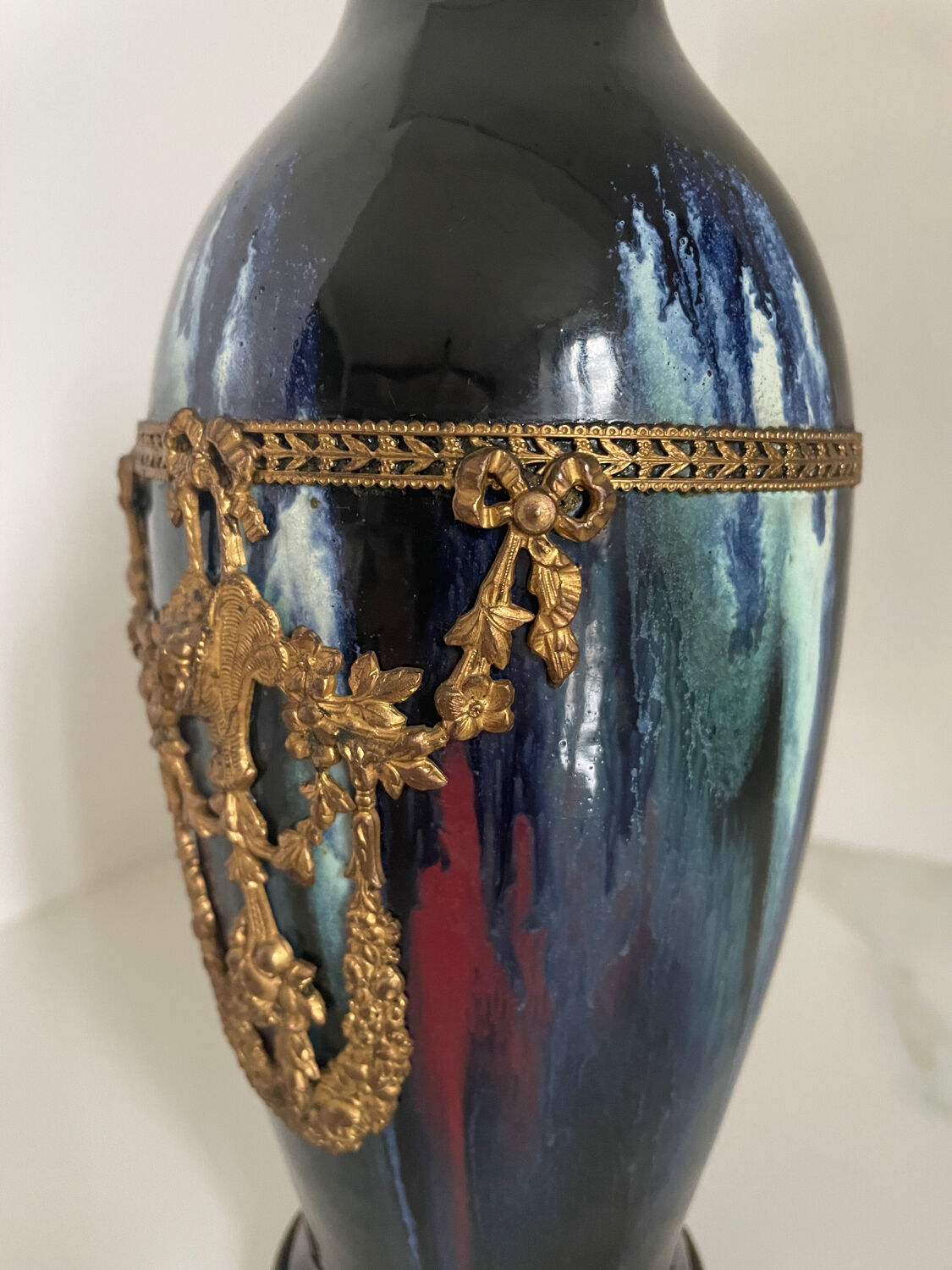 Ceramic vase with enamel drips, brass mount, around 1920, Be