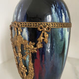 Ceramic vase with enamel drips, brass mount, around 1920, Be