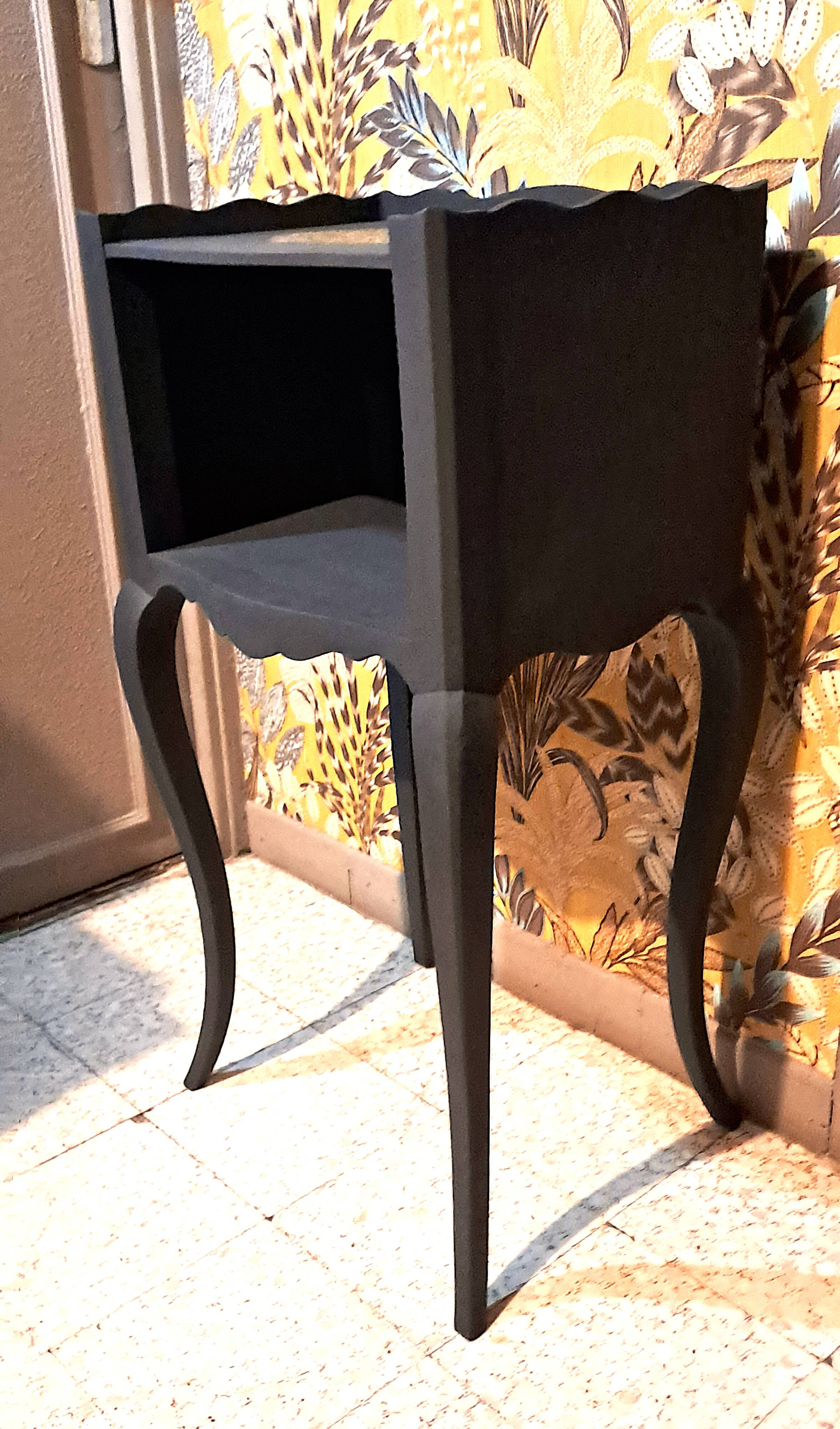 1930 bedside table, repainted wood in black with a golden rose motif.